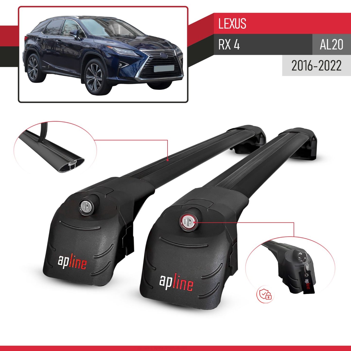 Compatible with Lexus RX 4 (AL20) 2016-2022 ACE-2 Car Roof Rack Cross Bar Black Aluminium 2 Bars