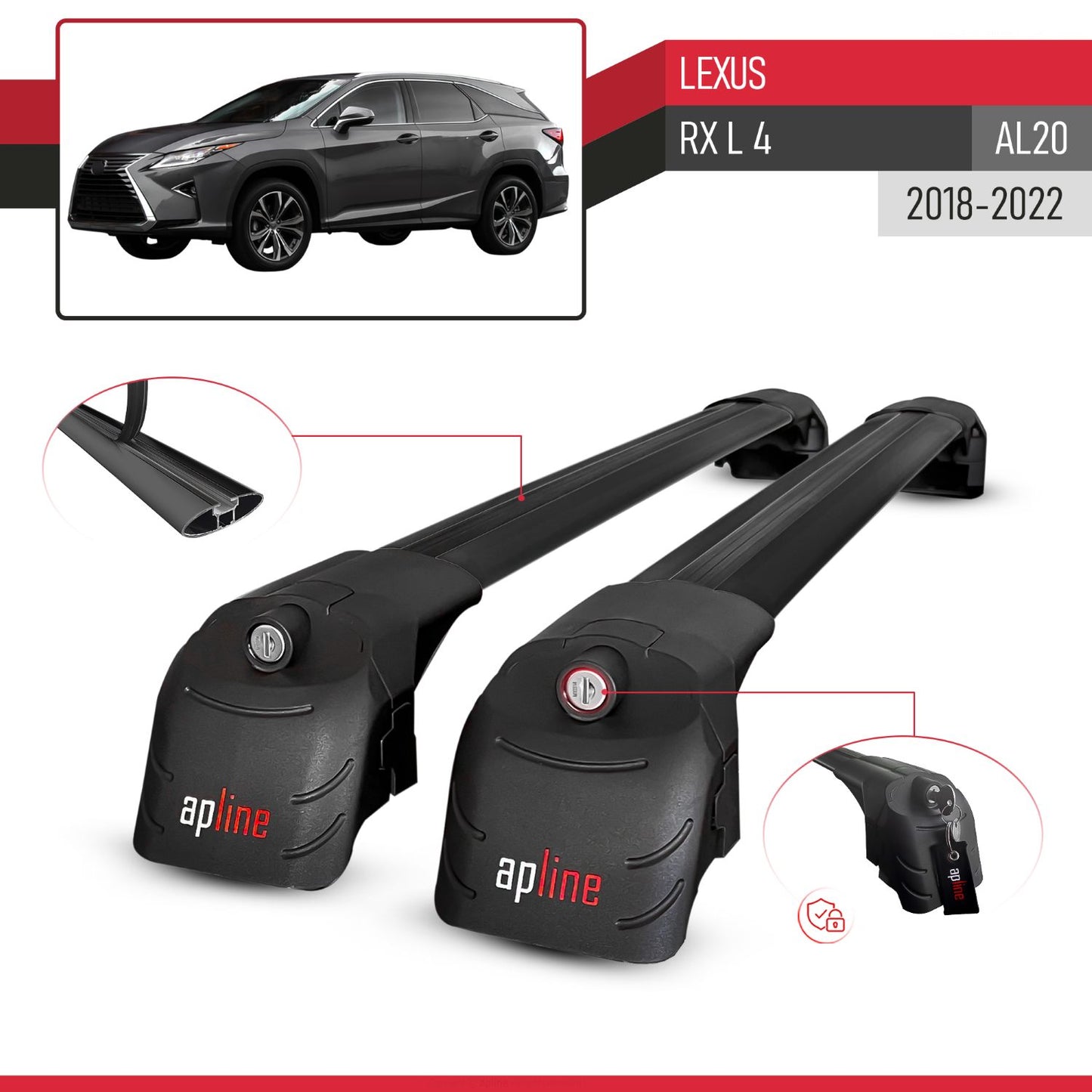 Compatible avec Lexus RX L 4 (AL20) 2018-2022 ACE-2 modèle Barres de Toit Railing Porte-Bagages de Voiture Noir Aluminium Barres