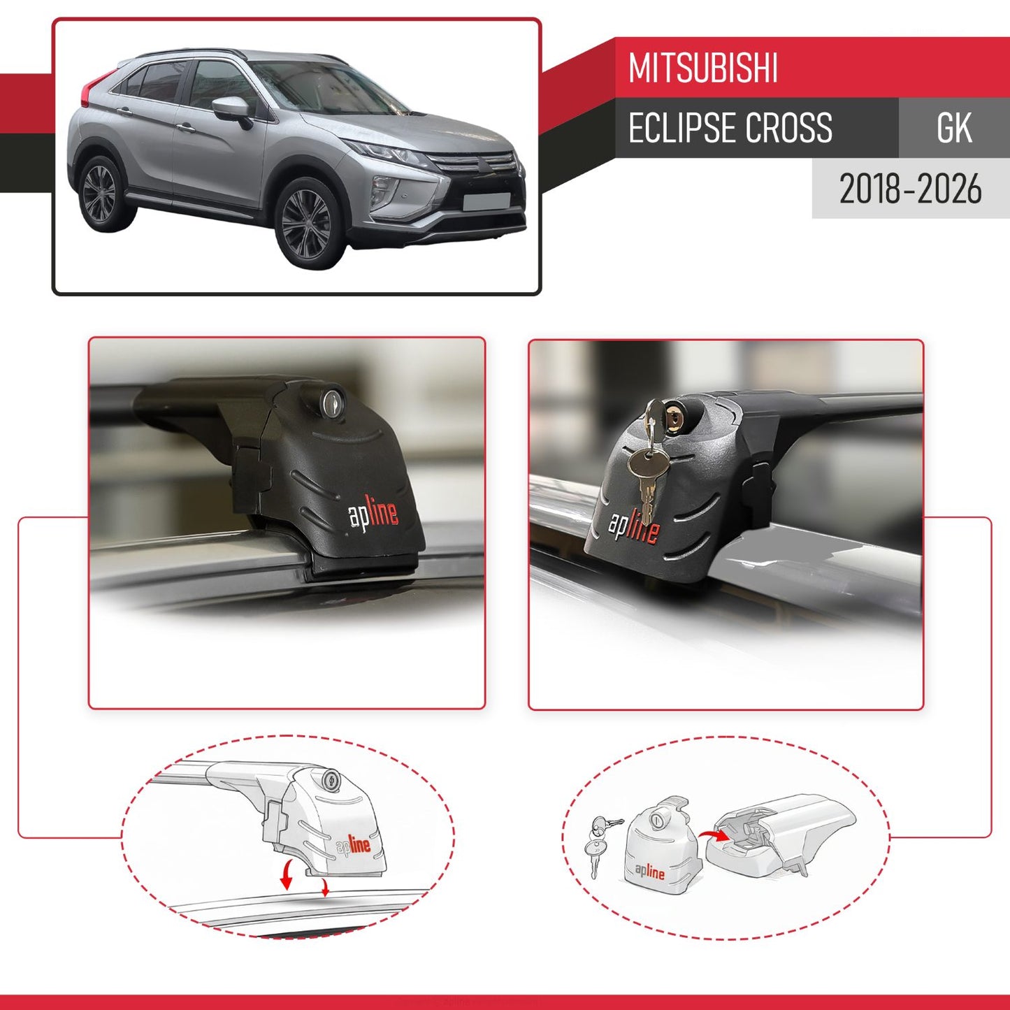 Compatible avec Mitsubishi Eclipse Cross (GK) 2018-2026 ACE-2 modèle Barres de Toit Railing Porte-Bagages de Voiture Noir Aluminium Barres