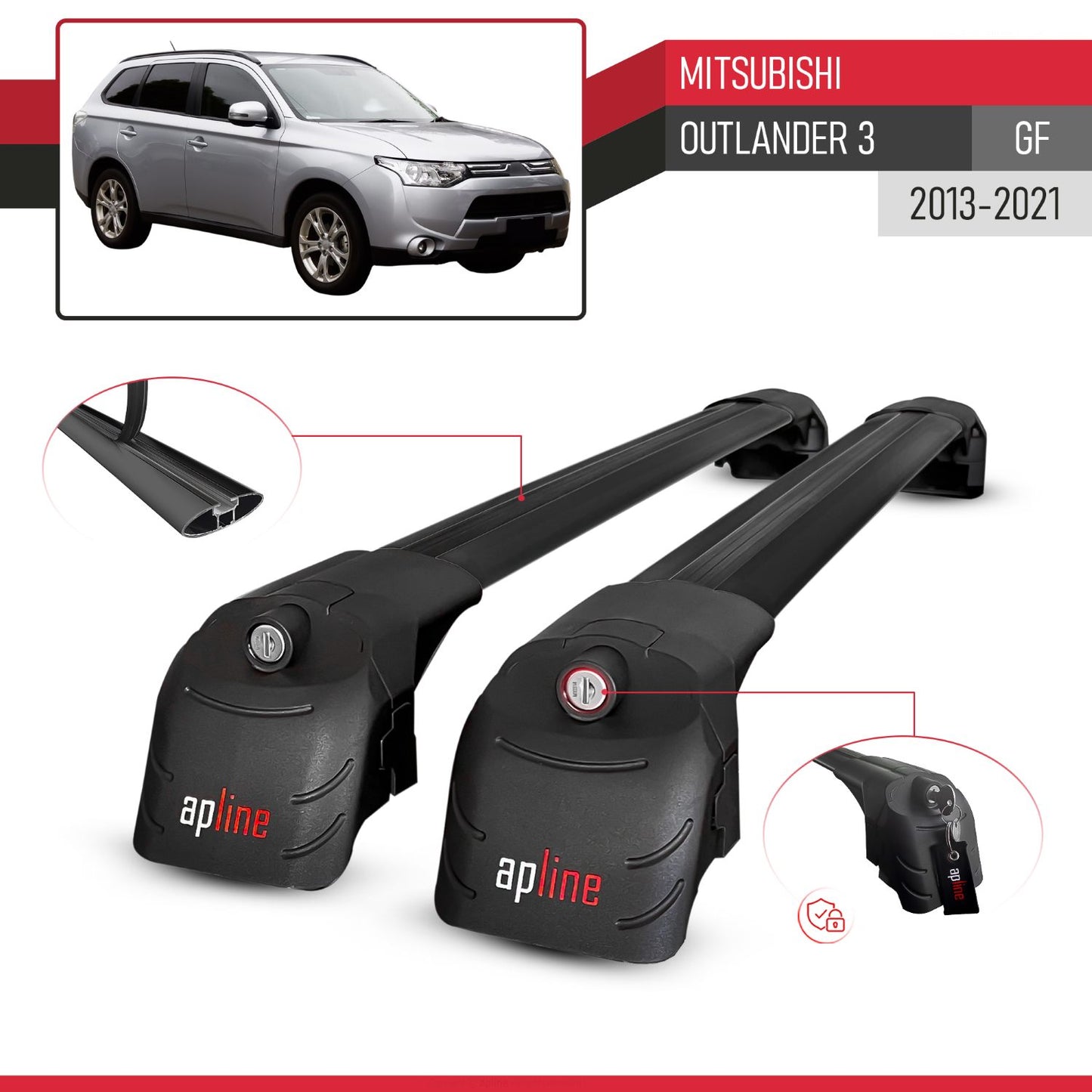 Compatible with Mitsubishi Outlander 3 2013-2018 ACE-2 Car Roof Rack Cross Bar Black Aluminium 2 Bars
