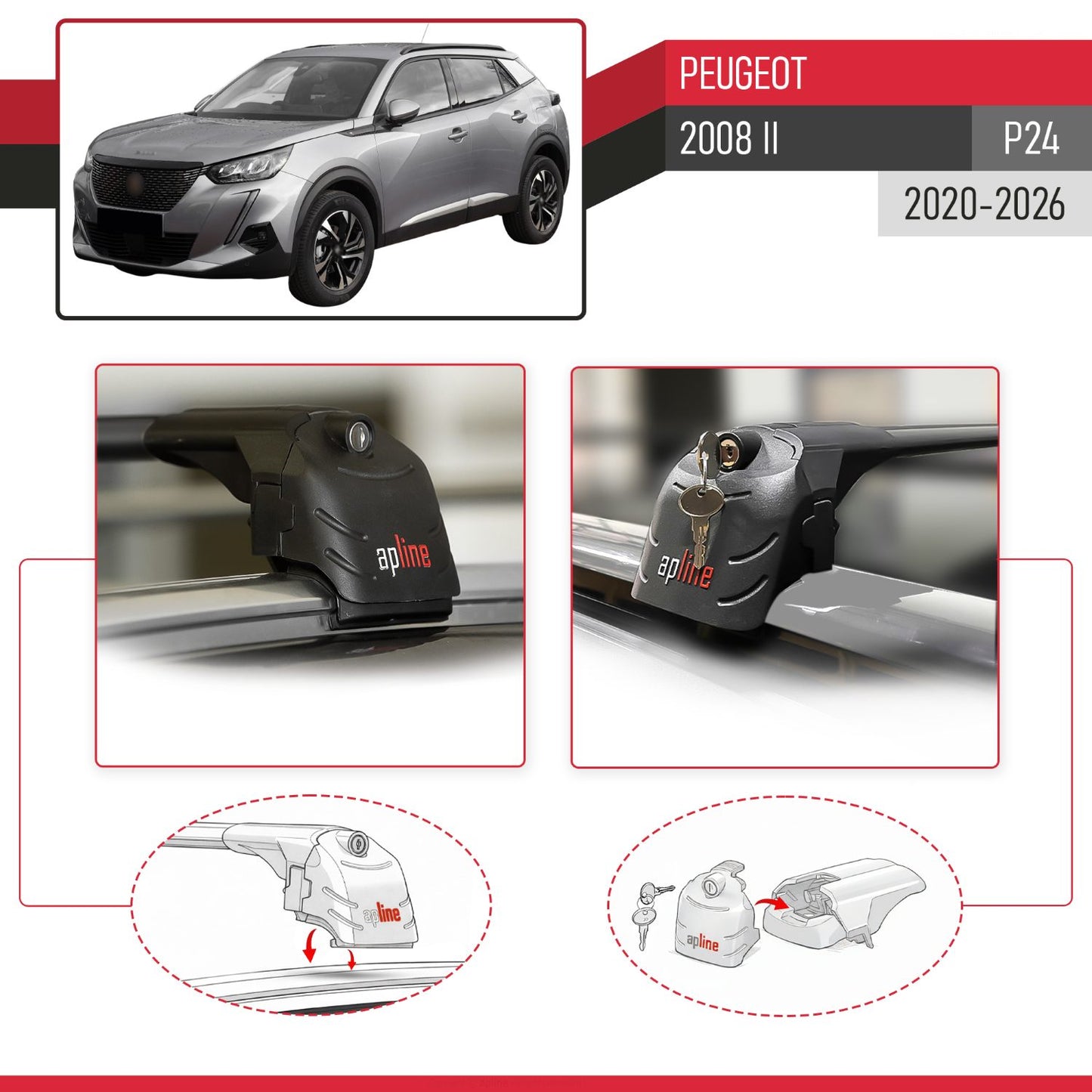 Compatible avec Peugeot 2008 II (P24) 2020-2026 ACE-2 modèle Barres de Toit Railing Porte-Bagages de Voiture Noir Aluminium Barres
