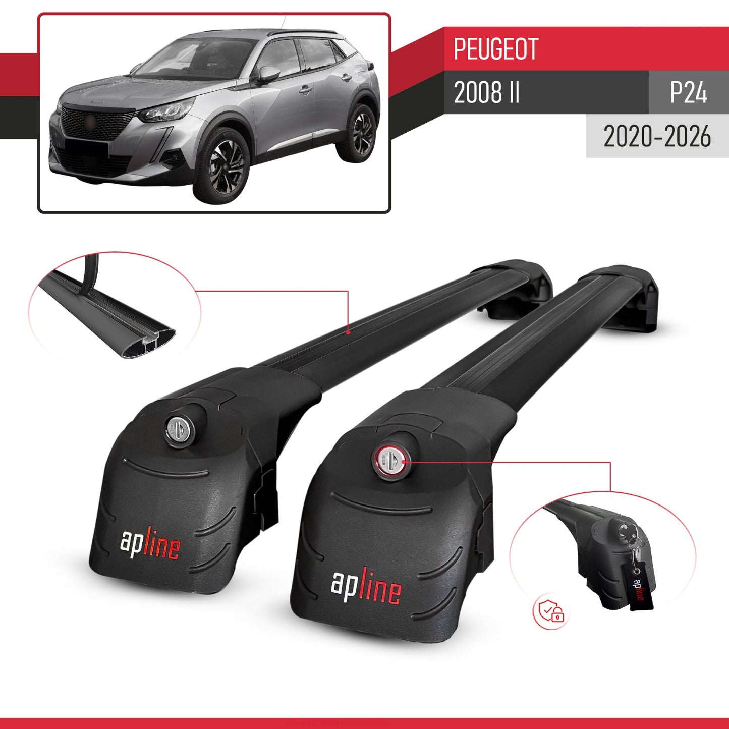 Compatible avec Peugeot 2008 II (P24) 2020-2026 ACE-2 modèle Barres de Toit Railing Porte-Bagages de Voiture Noir Aluminium Barres