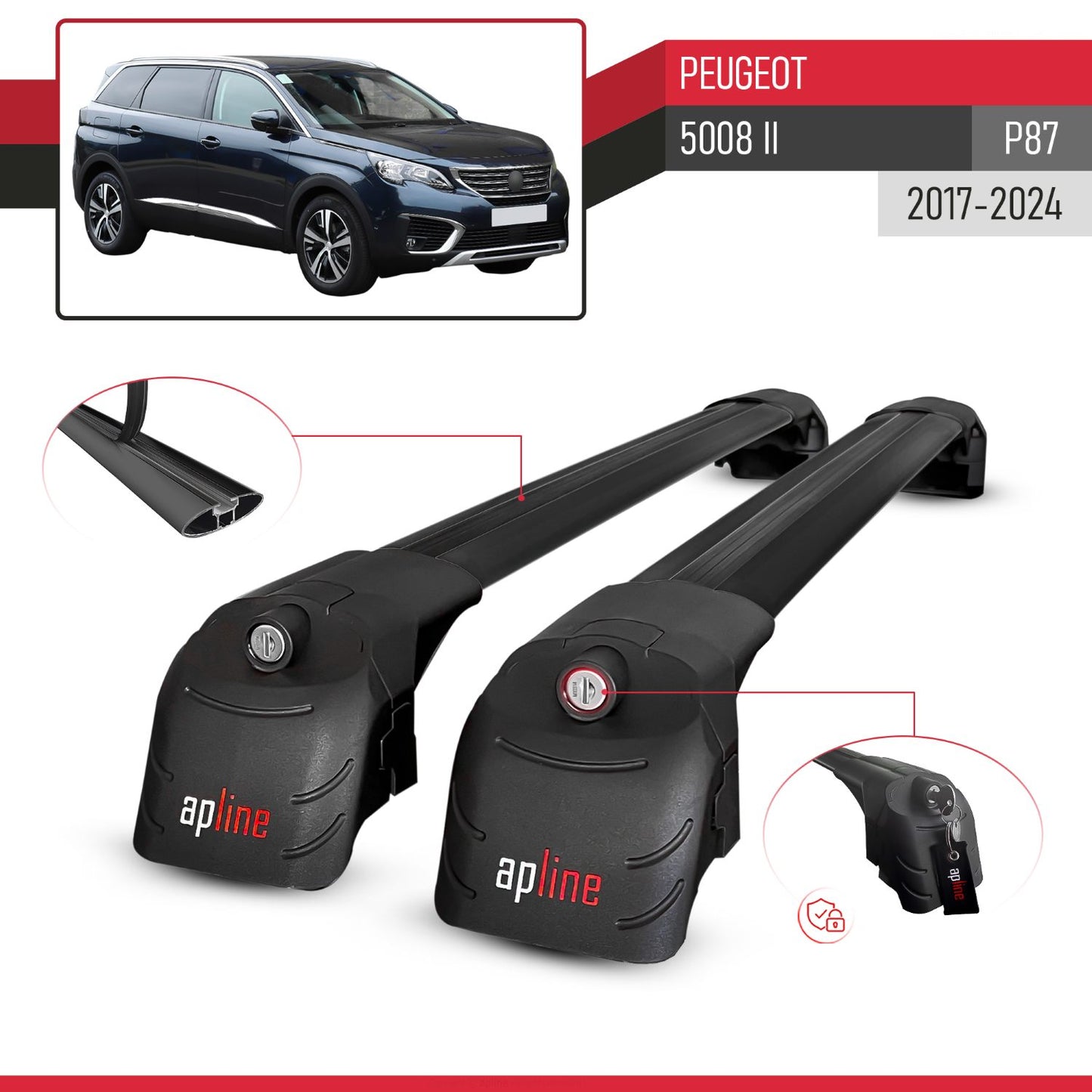 Compatible with Peugeot 5008 II (P87) 2017-2024 ACE-2 Car Roof Rack Cross Bar Black Aluminium 2 Bars