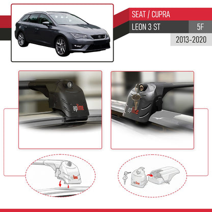 Compatible with Seat Leon 3 (5F) Cupra ST 2013-2020 ACE-2 Car Roof Rack Cross Bar Black Aluminium 2 Bars