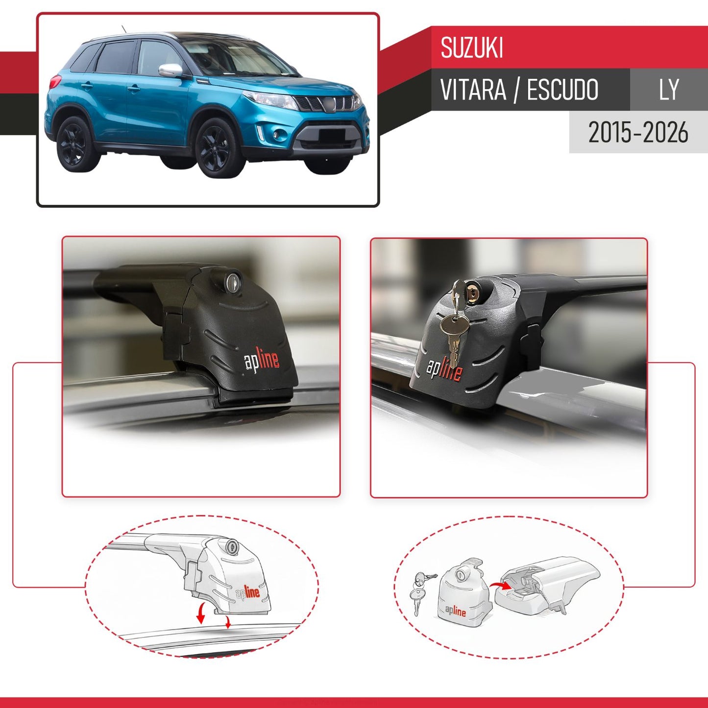 Compatible avec Suzuki Vitara/Escudo (LY) 2015-2026 ACE-2 modèle Barres de Toit Railing Porte-Bagages de Voiture Noir Aluminium Barres