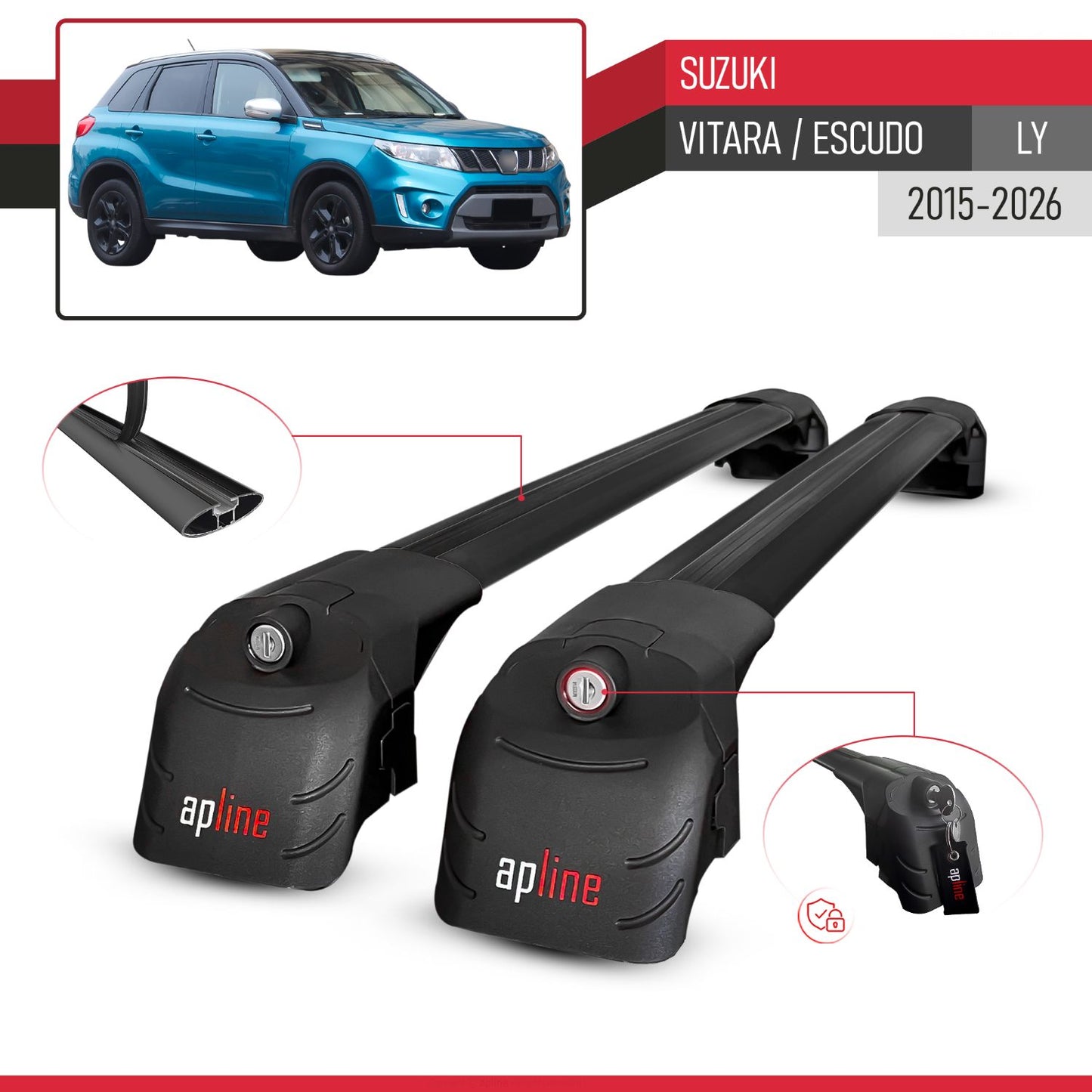 Compatible avec Suzuki Vitara/Escudo (LY) 2015-2026 ACE-2 modèle Barres de Toit Railing Porte-Bagages de Voiture Noir Aluminium Barres