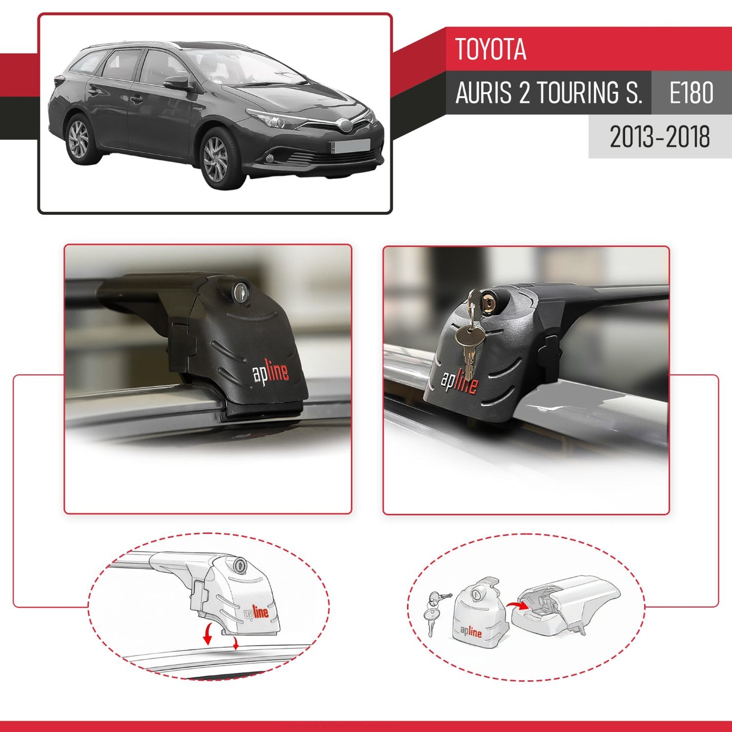 Compatible avec Toyota Auris 2 (E180) Touring Sports 2013-2018 ACE-2 modèle Barres de Toit Railing Porte-Bagages de Voiture Noir Aluminium Barres