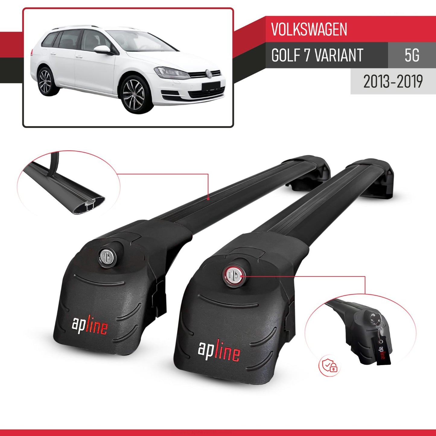 Compatible with Volkswagen Golf 7 (5G) Variant 2013-2019 ACE-2 Car Roof Rack Cross Bar Black Aluminium 2 Bars