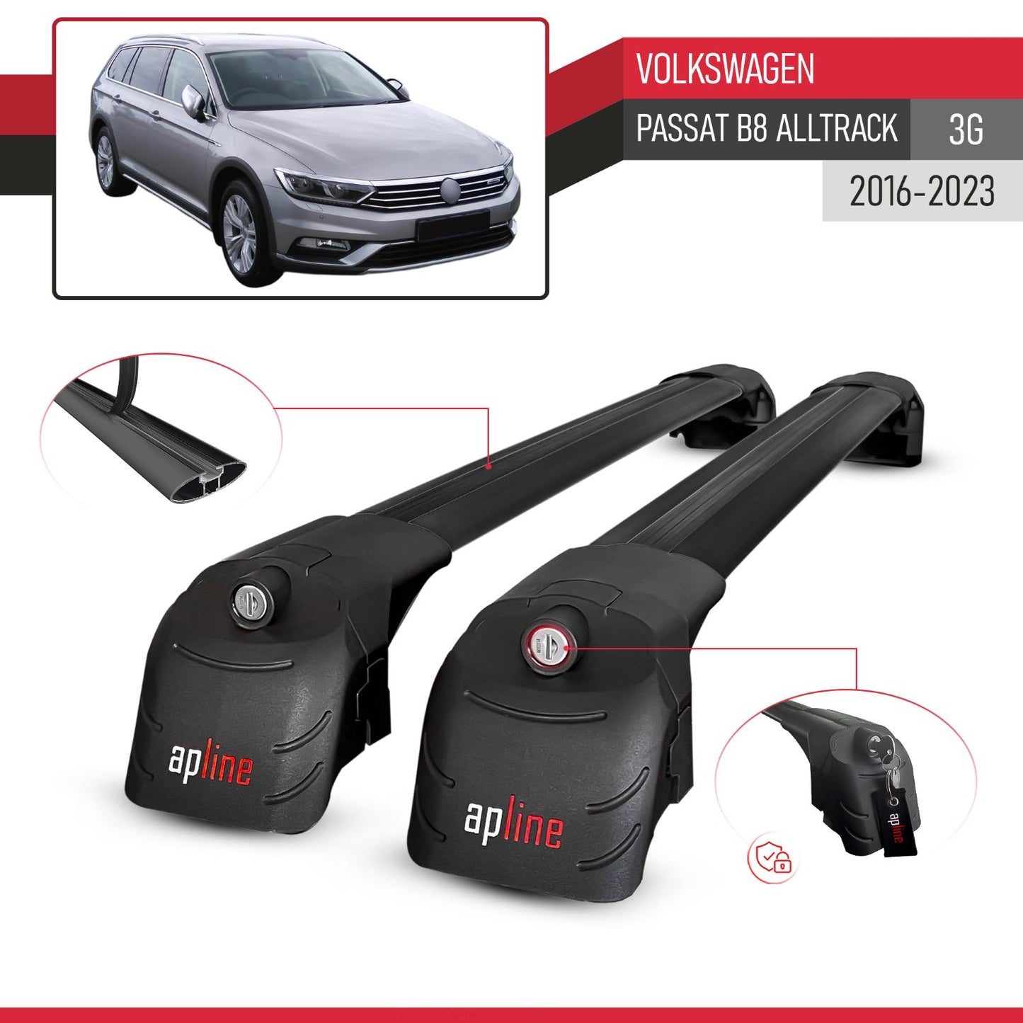 Compatible with Volkswagen Passat B8 (3G) Alltrack 2016-2023 ACE-2 Car Roof Rack Cross Bar Black Aluminium 2 Bars
