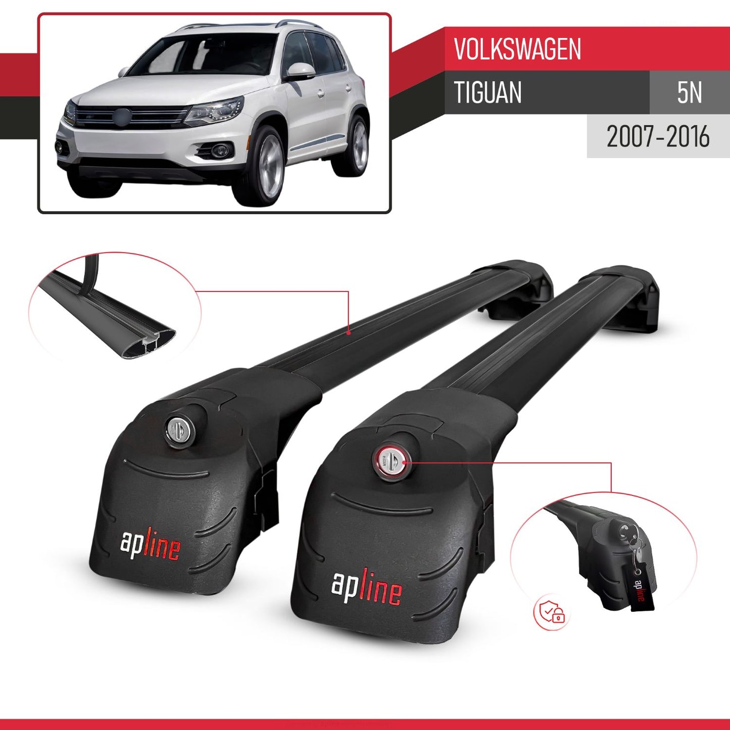 Compatible with Volkswagen Tiguan (5N) 2007-2016 ACE-2 Car Roof Rack Cross Bar Black Aluminium 2 Bars
