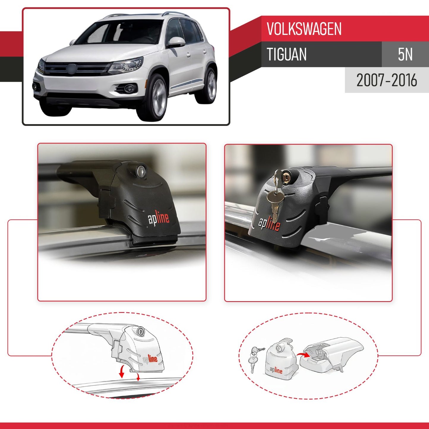 Compatible with Volkswagen Tiguan (5N) 2007-2016 ACE-2 Car Roof Rack Cross Bar Black Aluminium 2 Bars