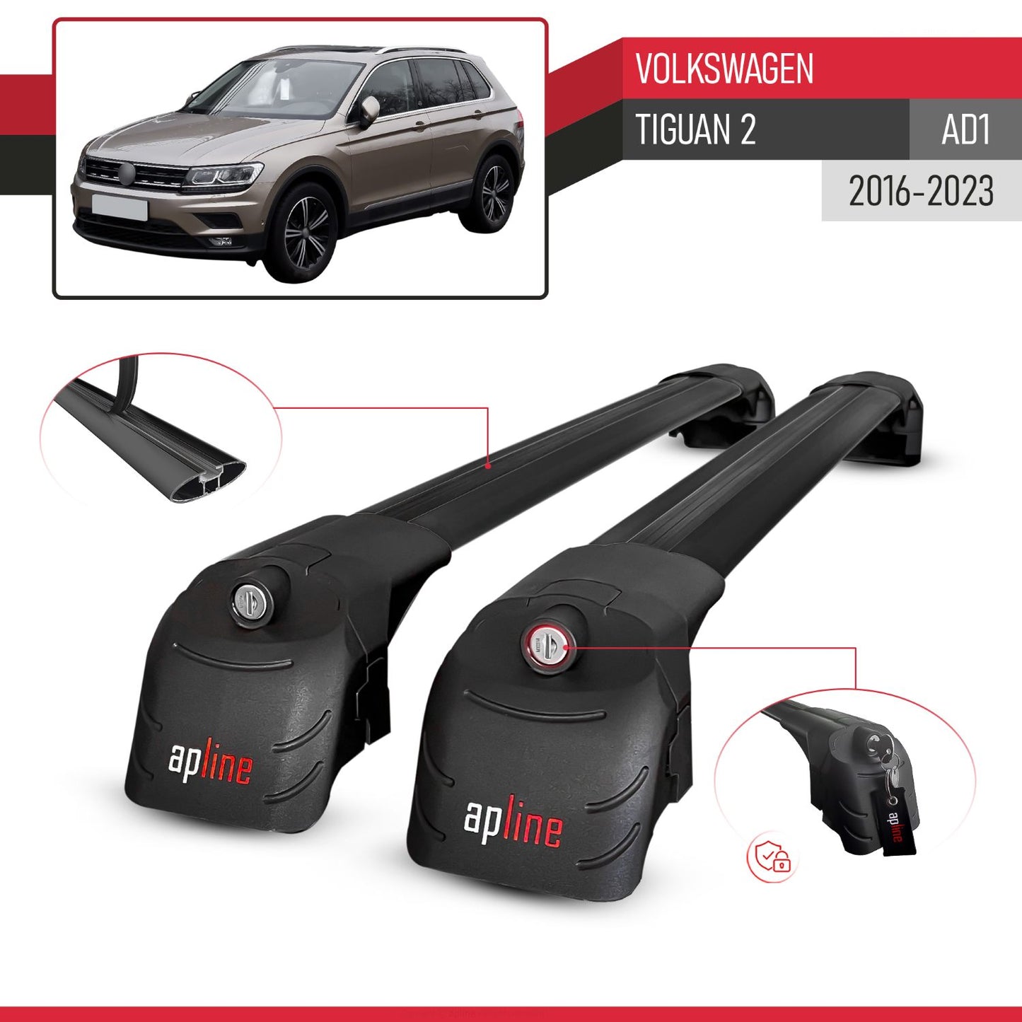 Compatible with Volkswagen Tiguan 2 (AD1) 2016-2023 ACE-2 Car Roof Rack Cross Bar Black Aluminium 2 Bars
