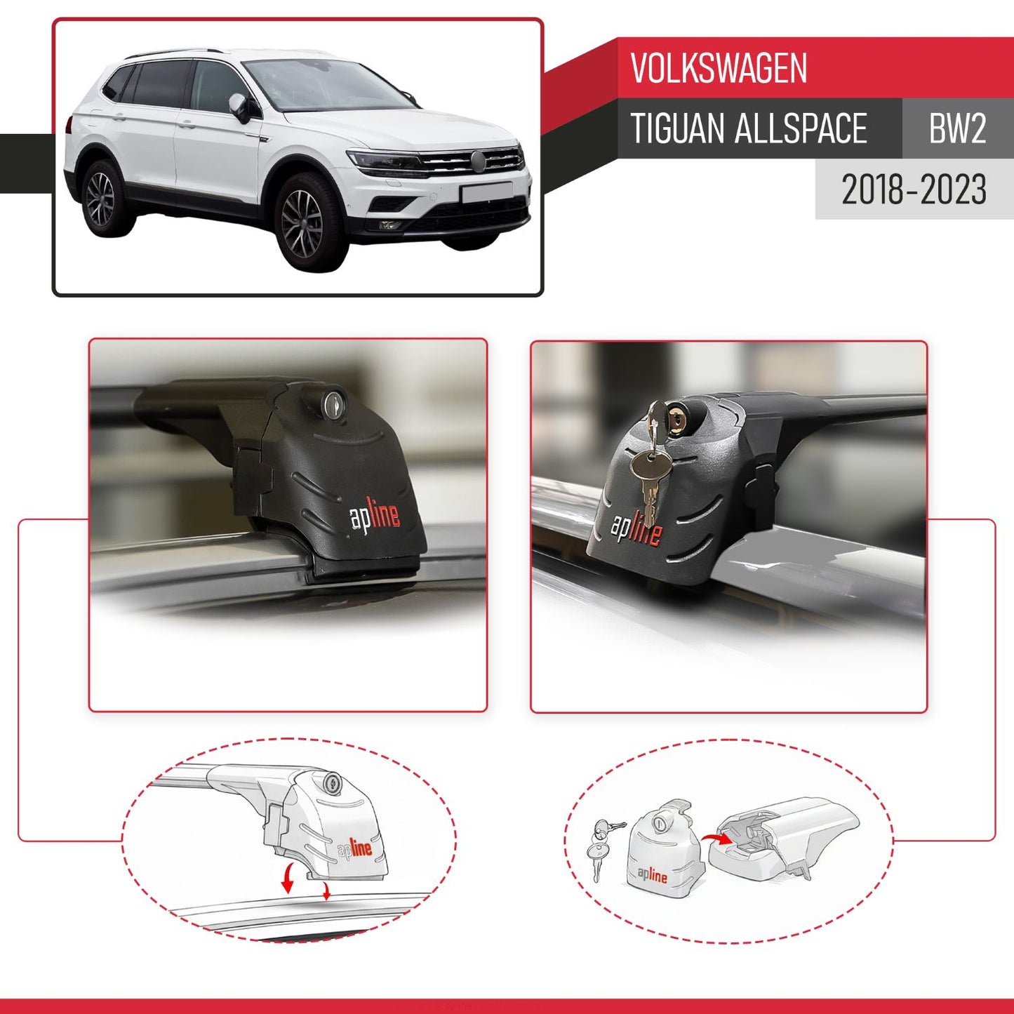 Compatible with Volkswagen Tiguan Allspace (BW) 2018-2023 ACE-2 Car Roof Rack Cross Bar Black Aluminium 2 Bars