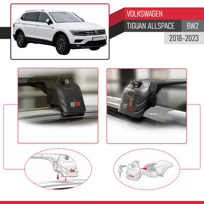 Compatible with Volkswagen Tiguan Allspace (BW) 2018-2023 ACE-2 Car Roof Rack Cross Bar Black Aluminium 2 Bars