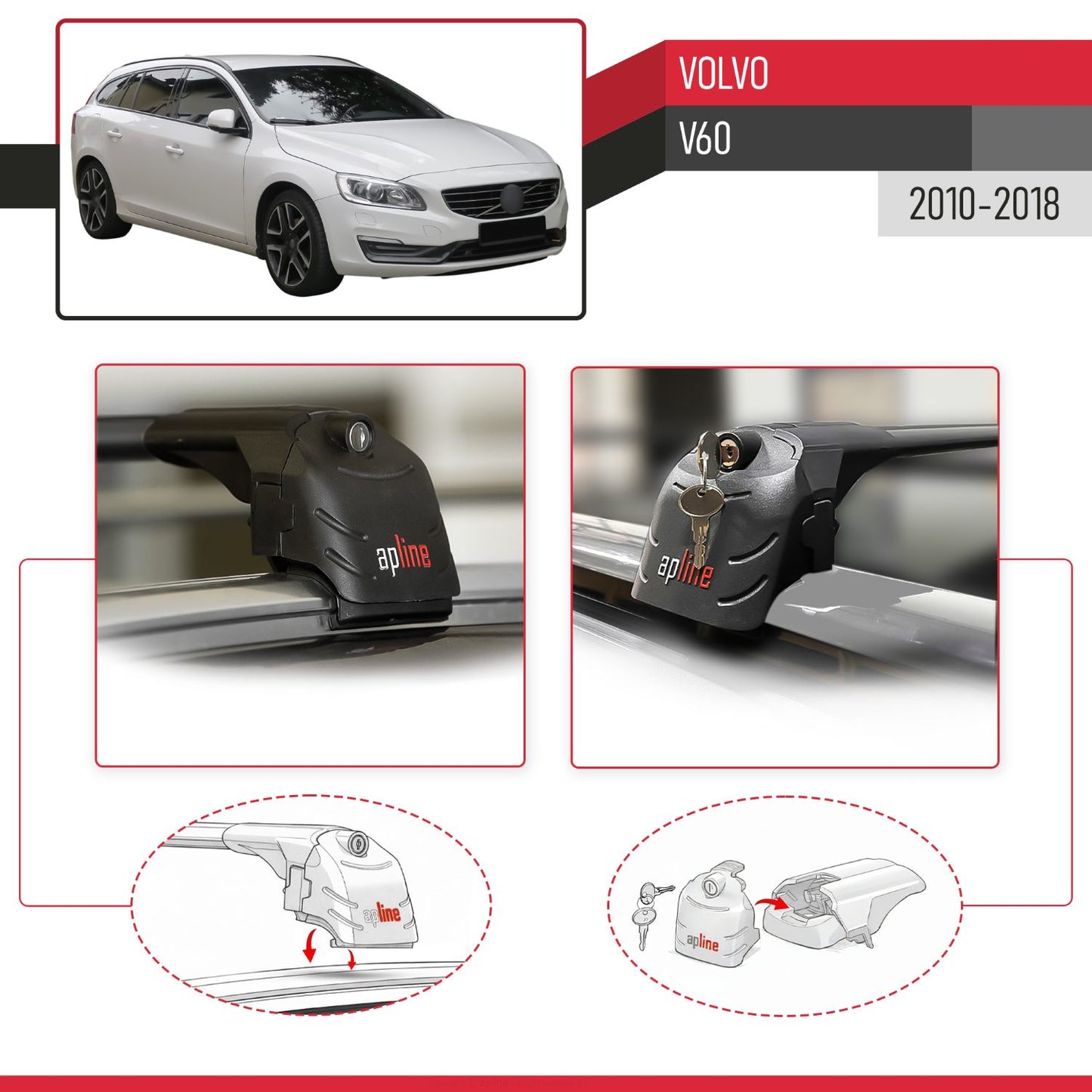 Compatible with Volvo V60 2011-2018 ACE-2 Car Roof Rack Cross Bar Black Aluminium 2 Bars