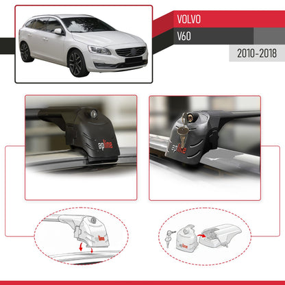 Compatible with Volvo V60 2011-2018 ACE-2 Car Roof Rack Cross Bar Black Aluminium 2 Bars