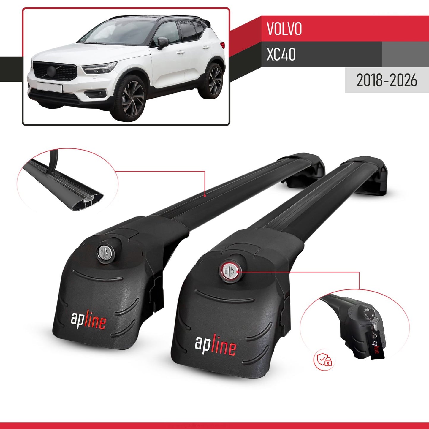 Compatible with Volvo XC40 2018-2025 ACE-2 Car Roof Rack Cross Bar Black Aluminium 2 Bars