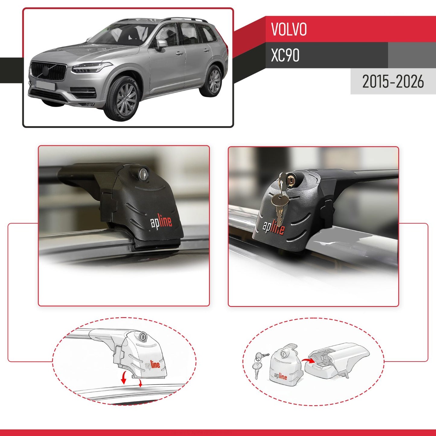 Compatible avec Volvo XC90 II 2015-2026 ACE-2 modèle Barres de Toit Railing Porte-Bagages de Voiture Noir Aluminium Barres