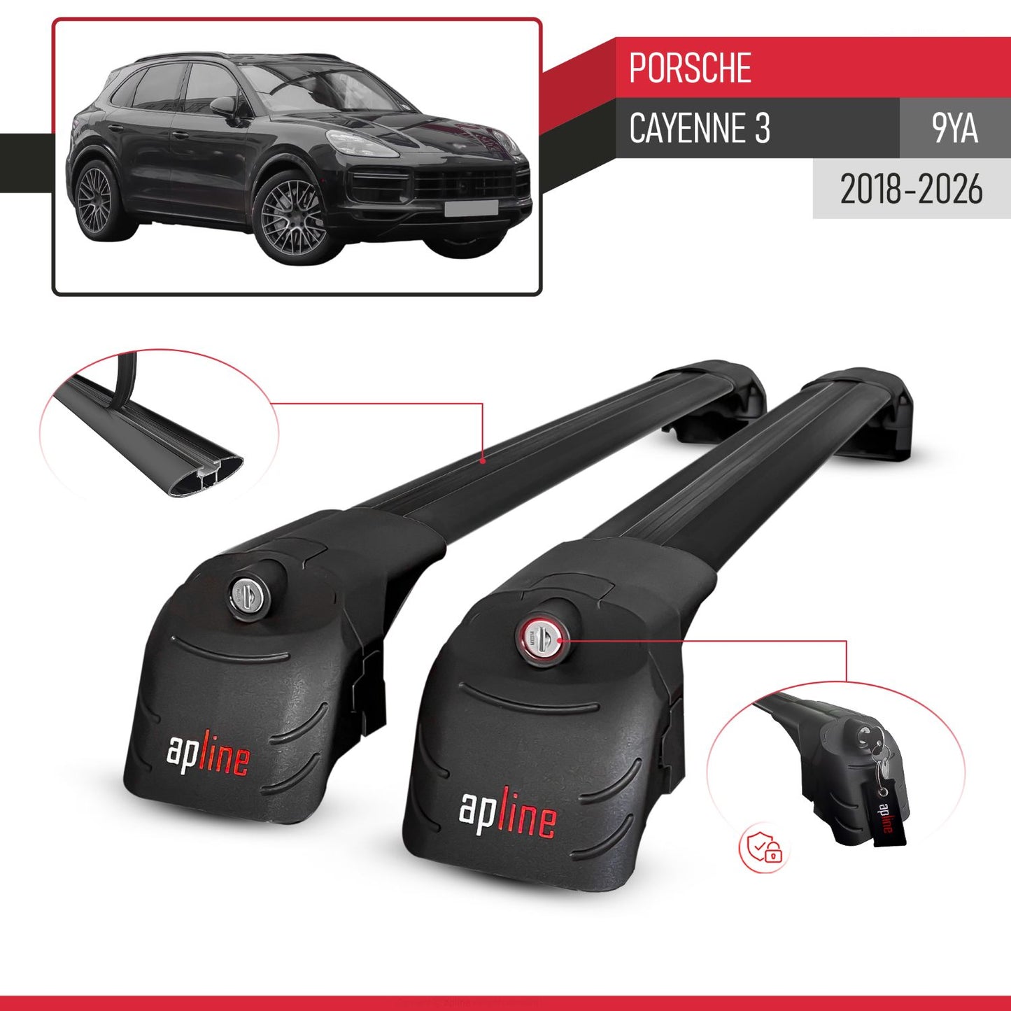 Compatible with Porsche Cayenne 3 (9YA) 2018-2025 ACE-2 Car Roof Rack Cross Bar Black Aluminium 2 Bars