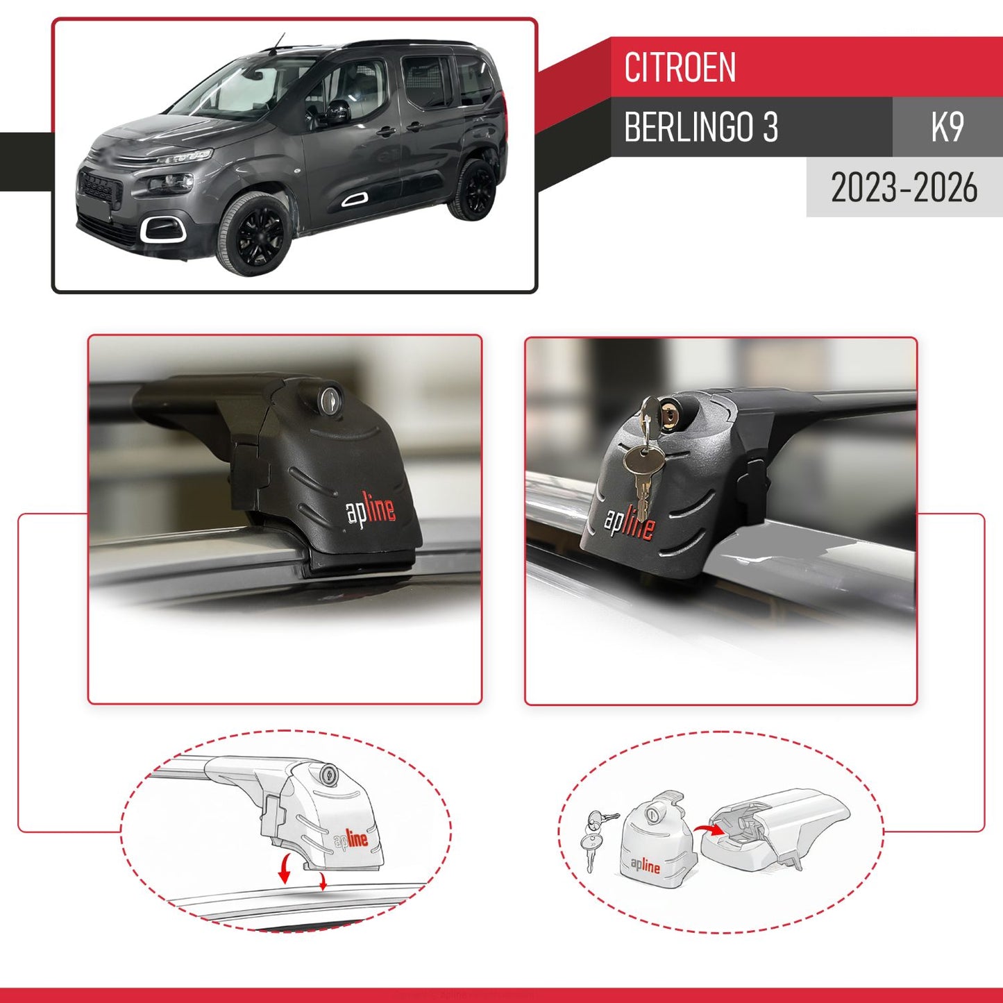 Compatible with Citroen Berlingo 3 (K9) 2023-2025 ACE-2 Car Roof Rack Cross Bar Black Aluminium 2 Bars