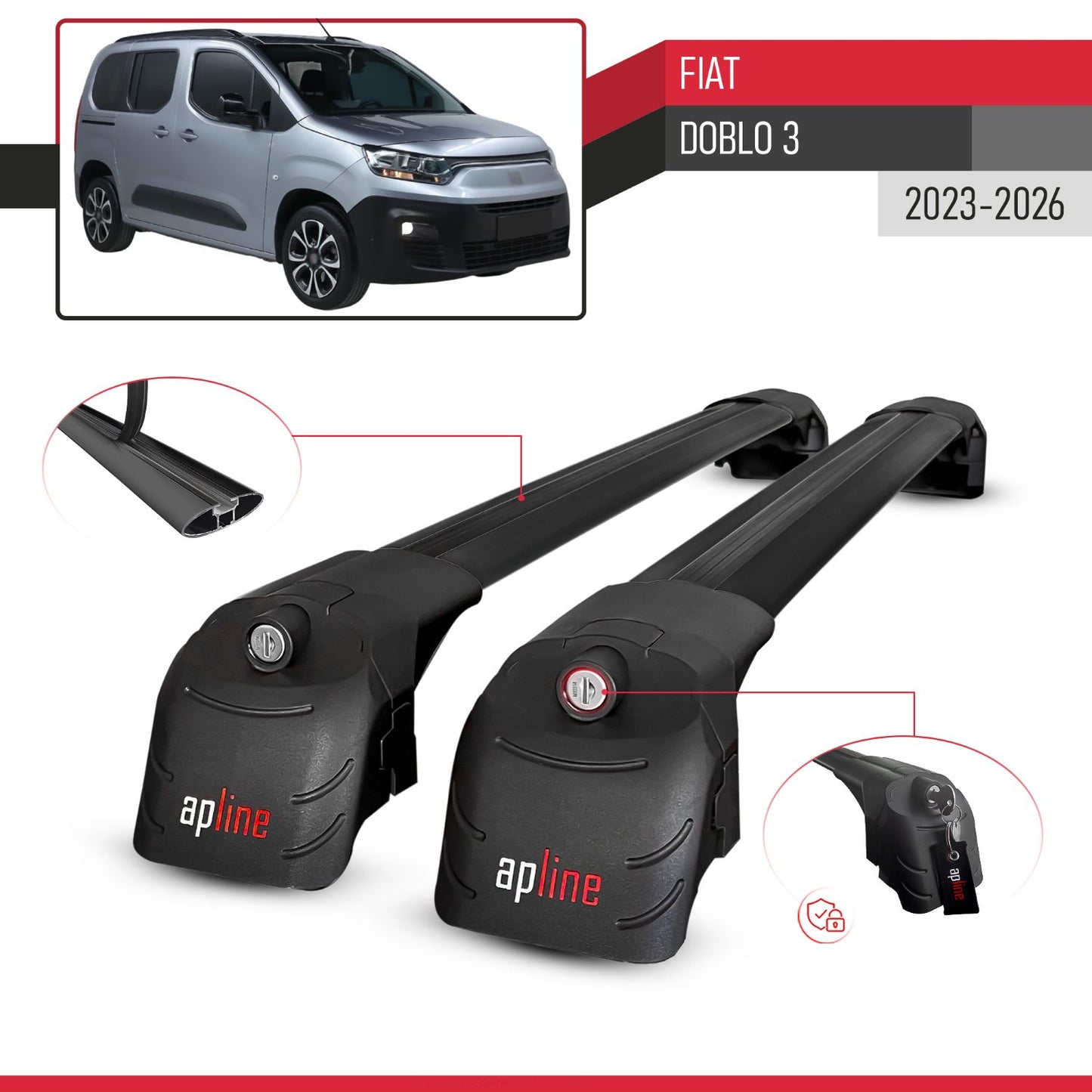 Compatible avec Fiat Doblo 3 2023-2026 ACE-2 modèle Barres de Toit Railing Porte-Bagages de Voiture Noir Aluminium Barres