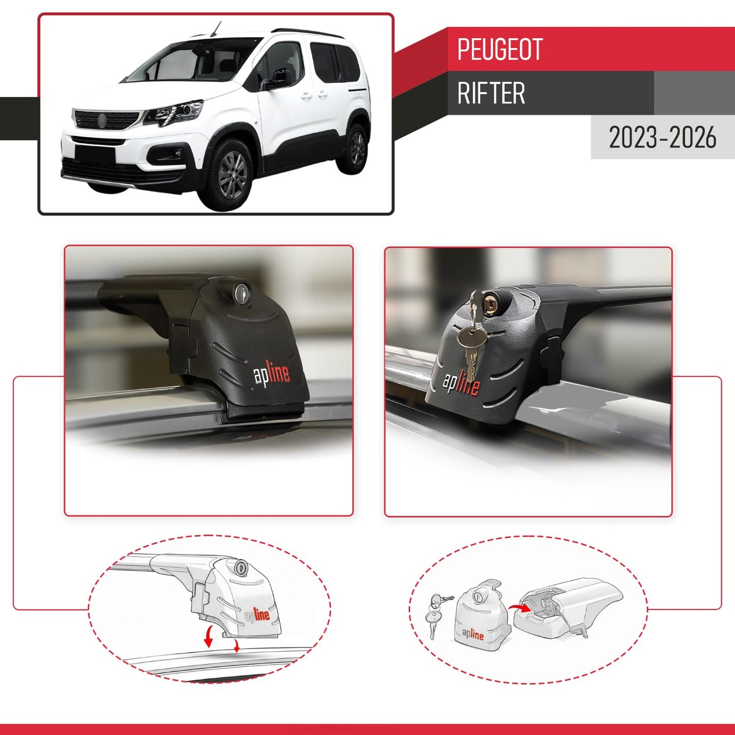 Compatible with Peugeot Rifter 2023-2024 ACE-2 Car Roof Rack Cross Bar Black Aluminium 2 Bars