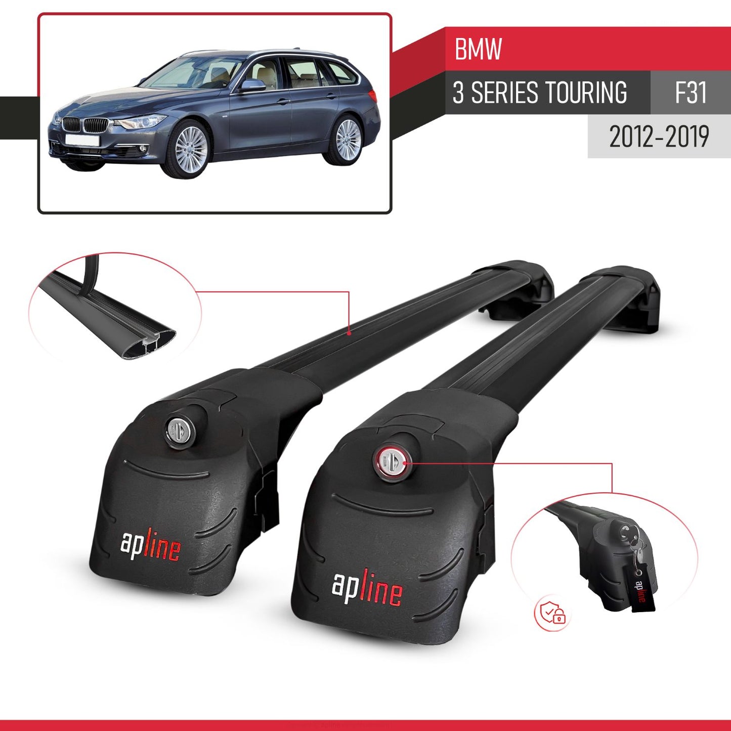 Compatible avec BMW 3 Serisi (F31) Touring 2012-2019 ACE-2 modèle Barres de Toit Railing Porte-Bagages de Voiture Noir Aluminium Barres