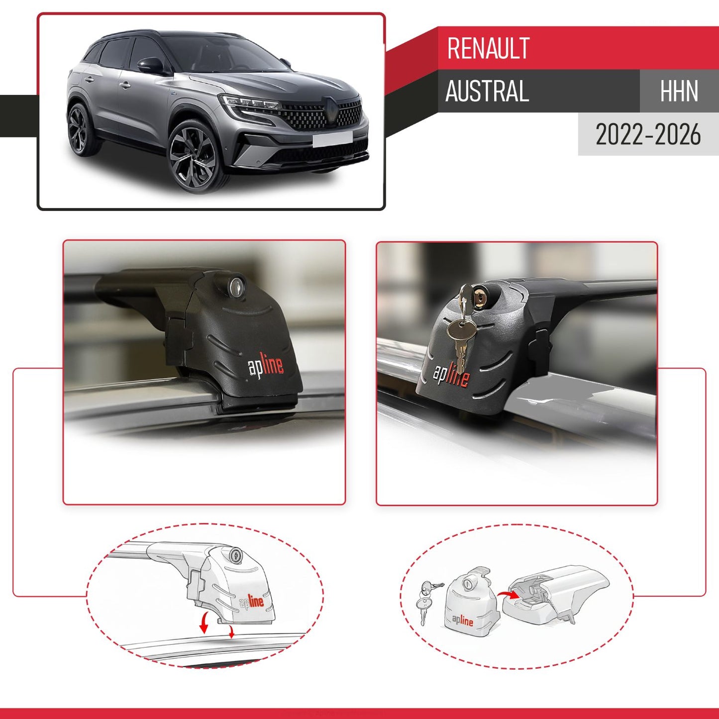 Compatible avec Renault Austral (HHN) 2022-2026 ACE-2 modèle Barres de Toit Railing Porte-Bagages de Voiture Noir Aluminium Barres