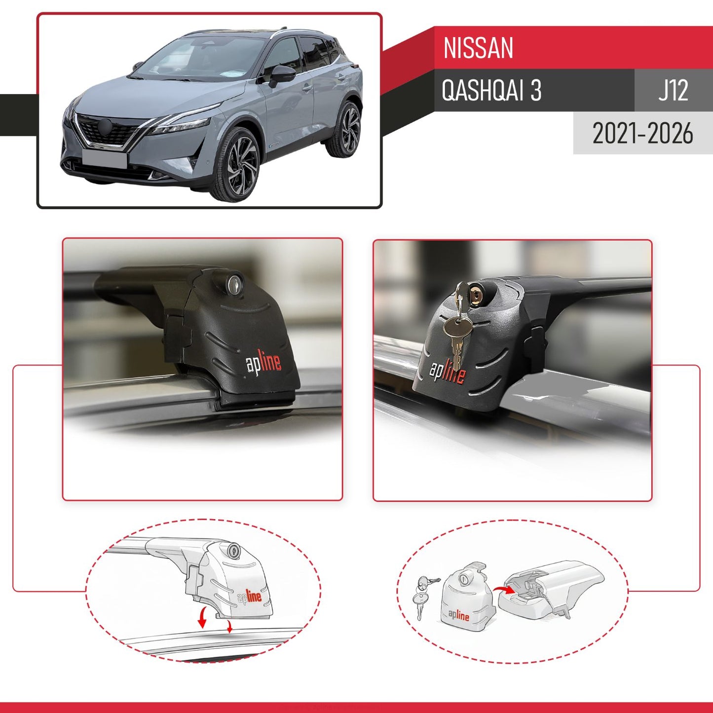 Compatible avec Nissan Qashqai 3 (J12) 2021-2026 ACE-2 modèle Barres de Toit Railing Porte-Bagages de Voiture Noir Aluminium Barres