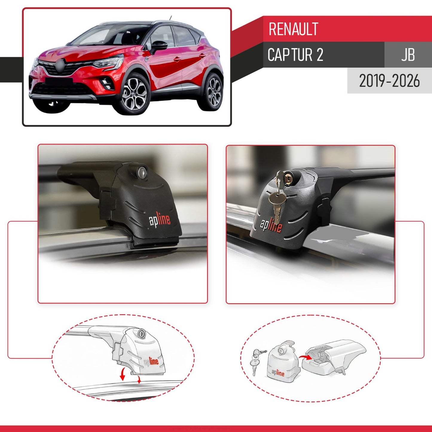 Compatible avec Renault Captur 2 (JB) 2019-2026 ACE-2 modèle Barres de Toit Railing Porte-Bagages de Voiture Noir Aluminium Barres