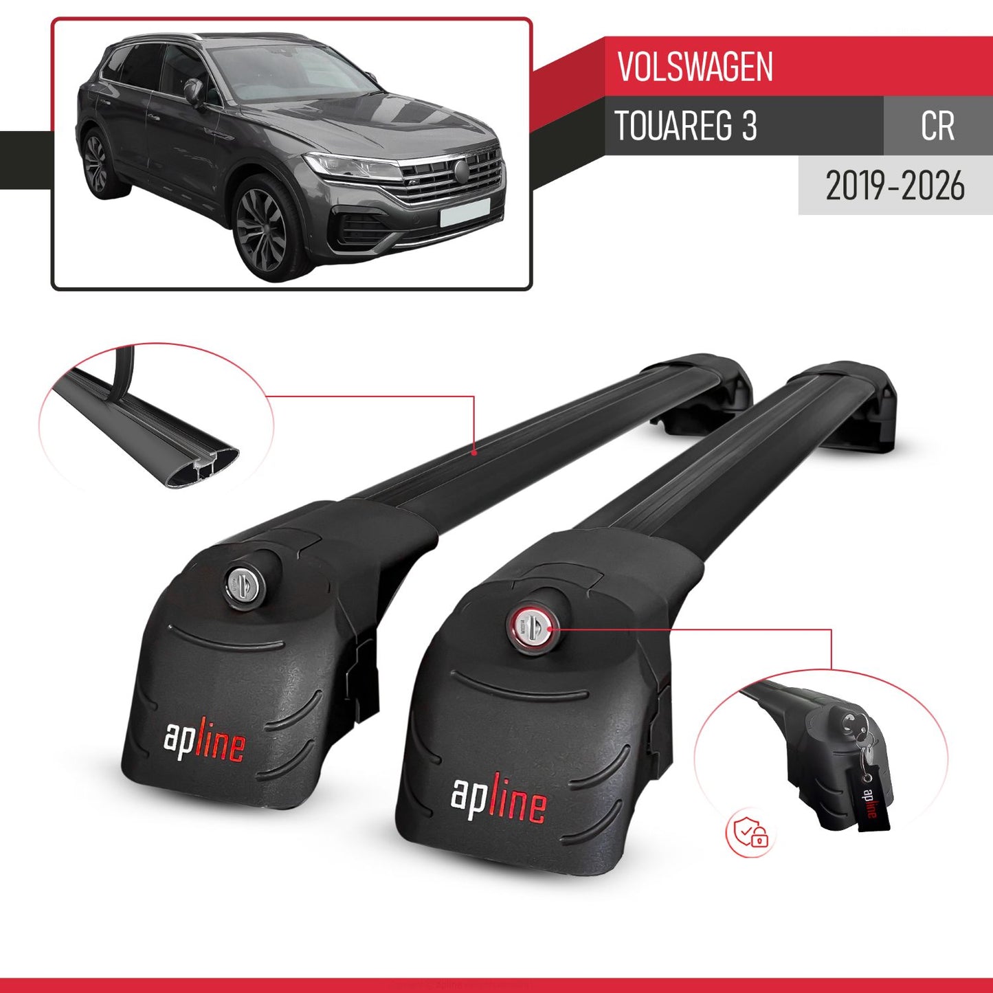 Compatible with Volkswagen Touareg 3 (CR) 2019-2025 ACE-2 Car Roof Rack Cross Bar Black Aluminium 2 Bars