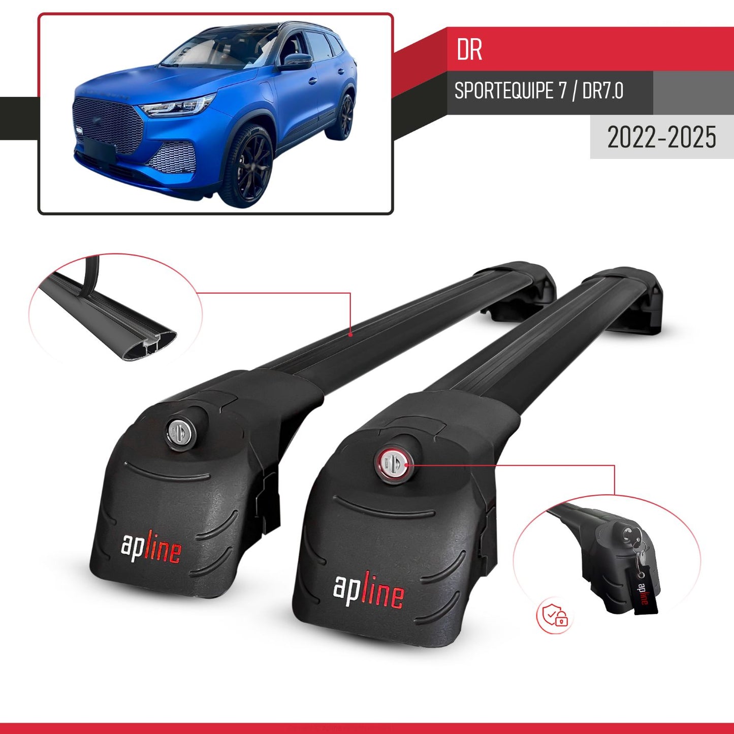 Compatible avec DR Sportequipe 7 DR7.0 2022-2025 ACE-2 modèle Barres de Toit Railing Porte-Bagages de Voiture Noir Aluminium Barres