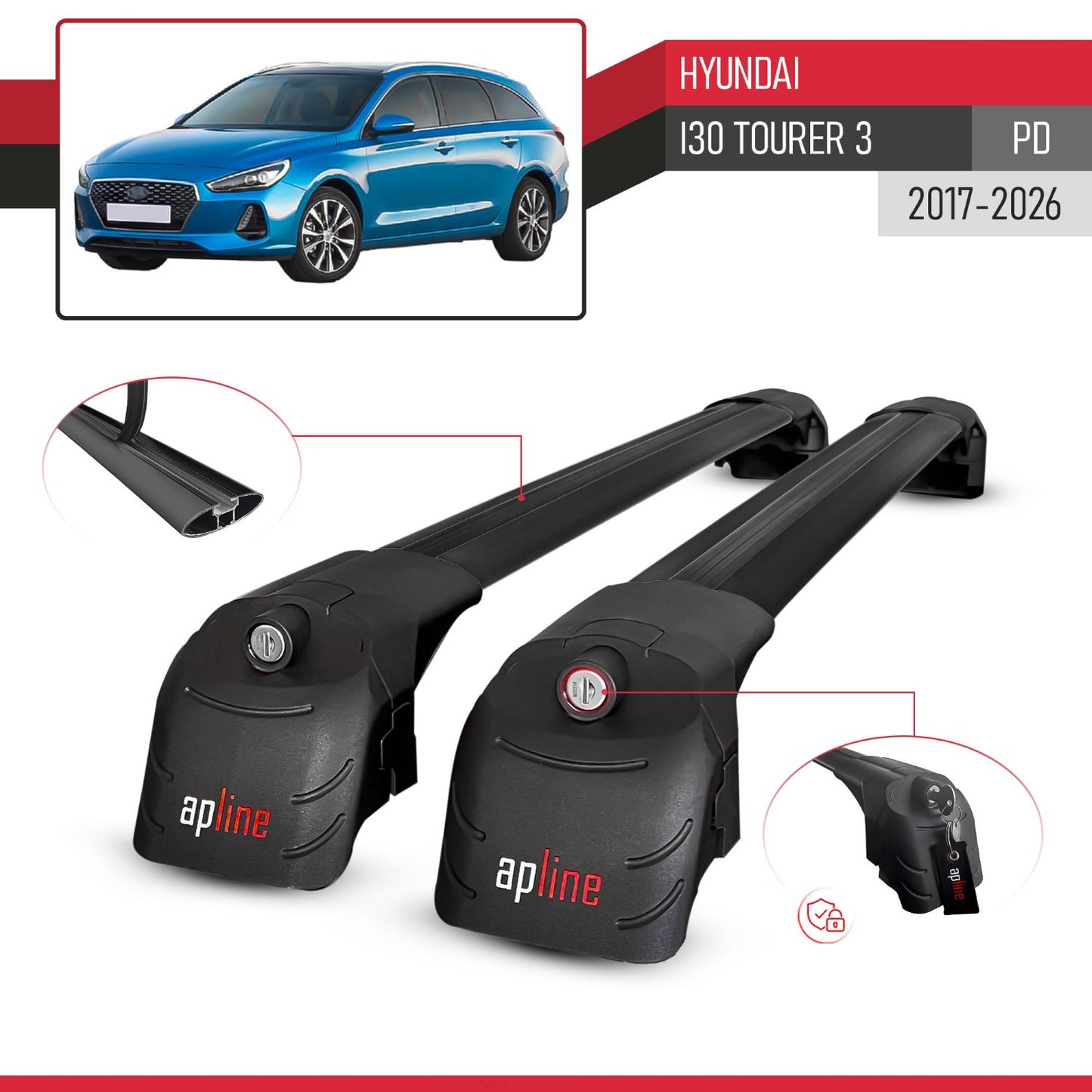 Compatible with Hyundai i30 3 (PD) Tourer 2017-2025 ACE-2 Car Roof Rack Cross Bar Black Aluminium 2 Bars