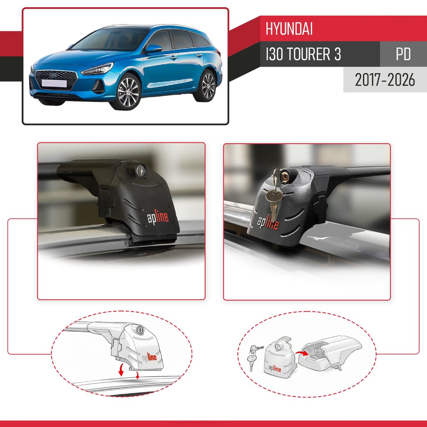 Compatible with Hyundai i30 3 (PD) Tourer 2017-2025 ACE-2 Car Roof Rack Cross Bar Black Aluminium 2 Bars