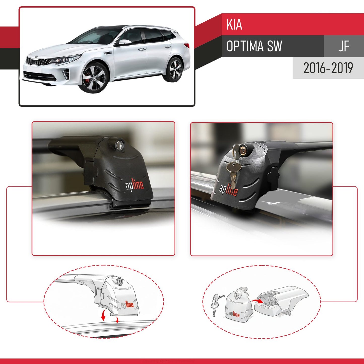 Compatible with Kia Optima (JF) SW 2016-2019 ACE-2 Car Roof Rack Cross Bar Black Aluminium 2 Bars