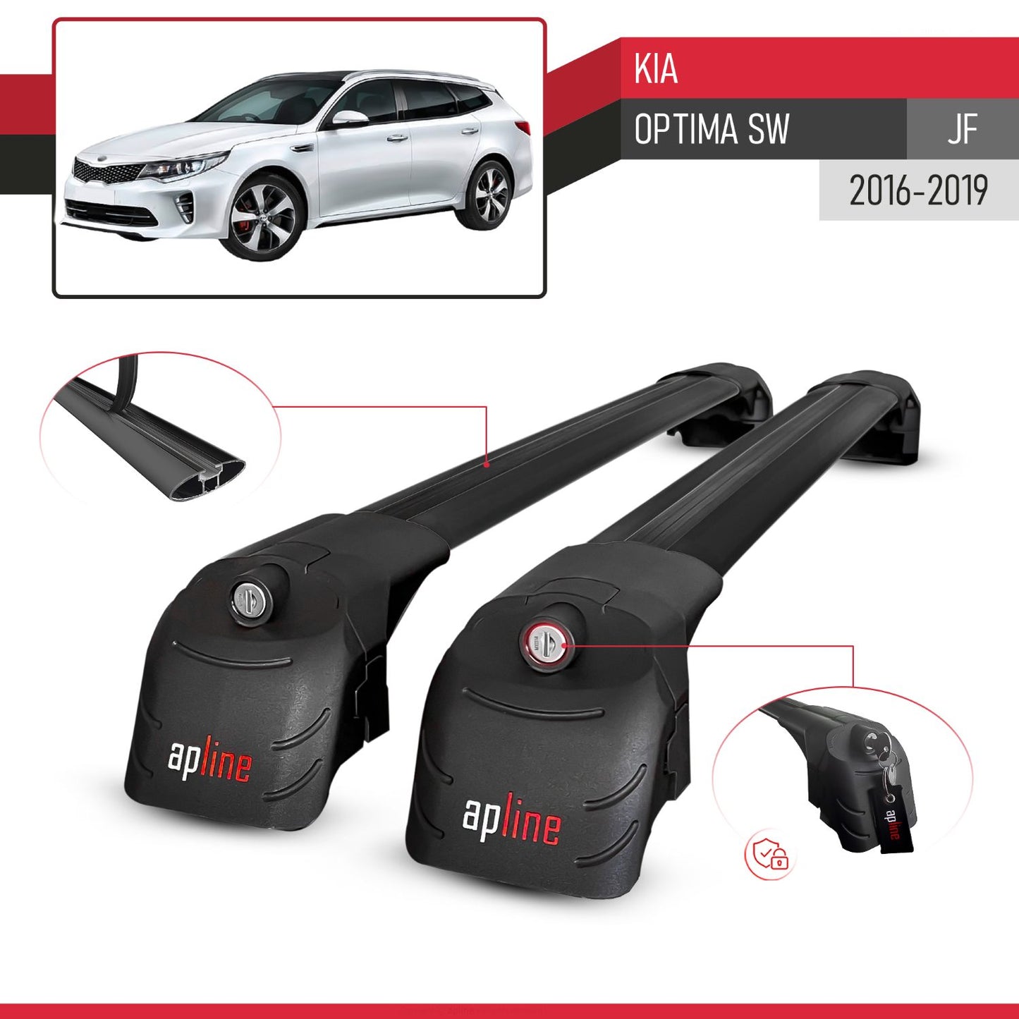 Compatible with Kia Optima (JF) SW 2016-2019 ACE-2 Car Roof Rack Cross Bar Black Aluminium 2 Bars