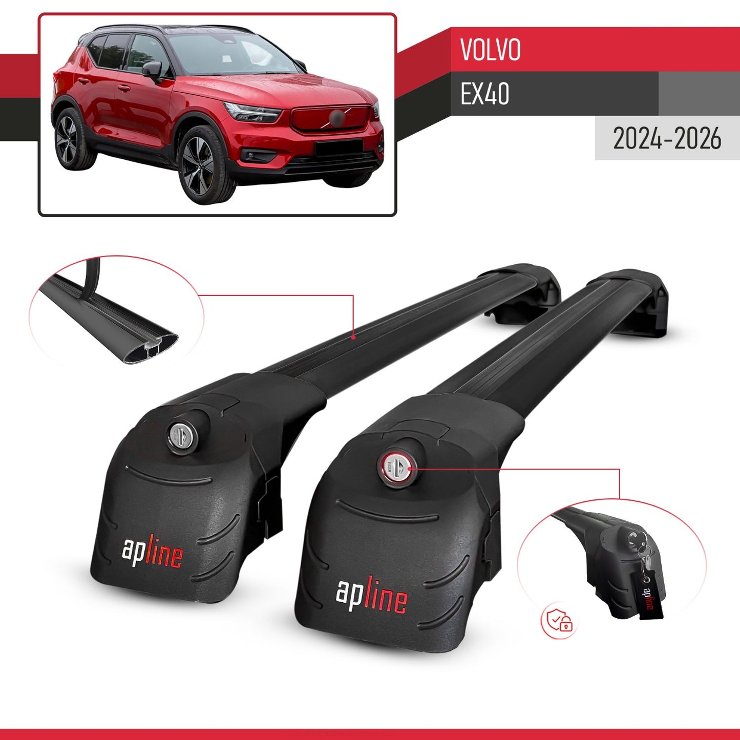 Compatible with Volvo XC40 (Elektrik) 2020-2025 ACE-2 Car Roof Rack Cross Bar Black Aluminium 2 Bars