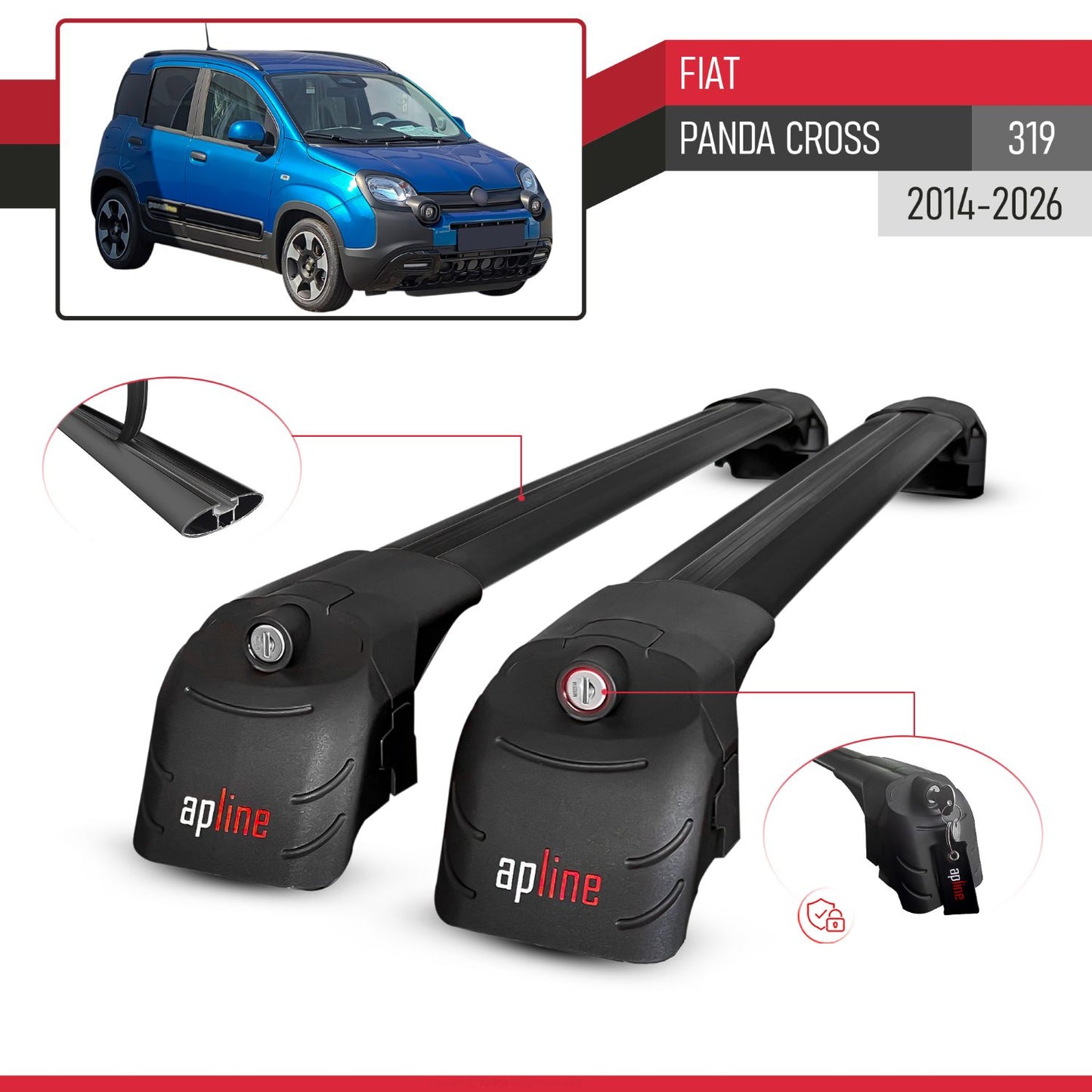 Compatible with Fiat Panda Cross 2014-2025 ACE-2 Car Roof Rack Cross Bar Black Aluminium 2 Bars