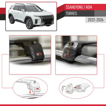 Compatible avec SsangYong / KGM Torres 2022-2026 ACE-2 modèle Barres de Toit Railing Porte-Bagages de Voiture Noir Aluminium Barres