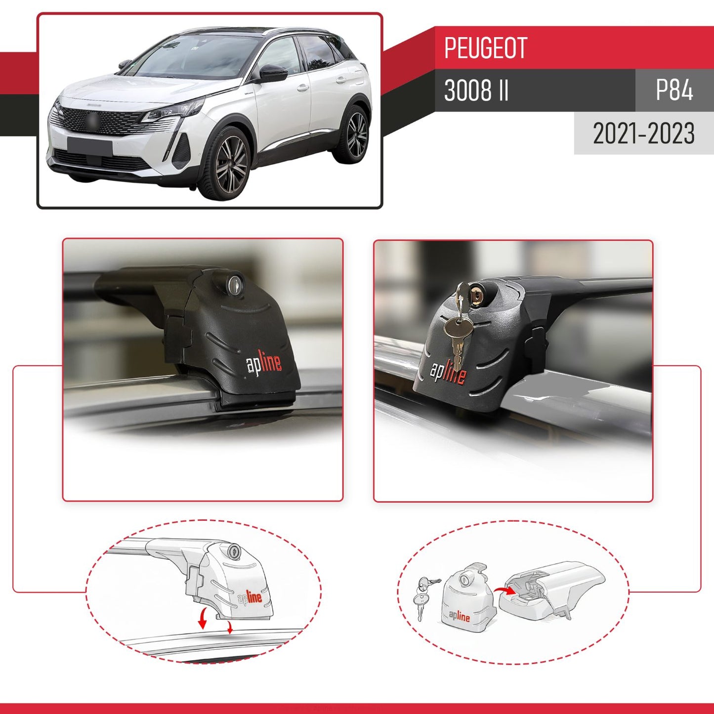 Compatible with Peugeot 3008 II (P84) Post-Facelift 2021-2023 ACE-2 Car Roof Rack Cross Bar Black Aluminium 2 Bars