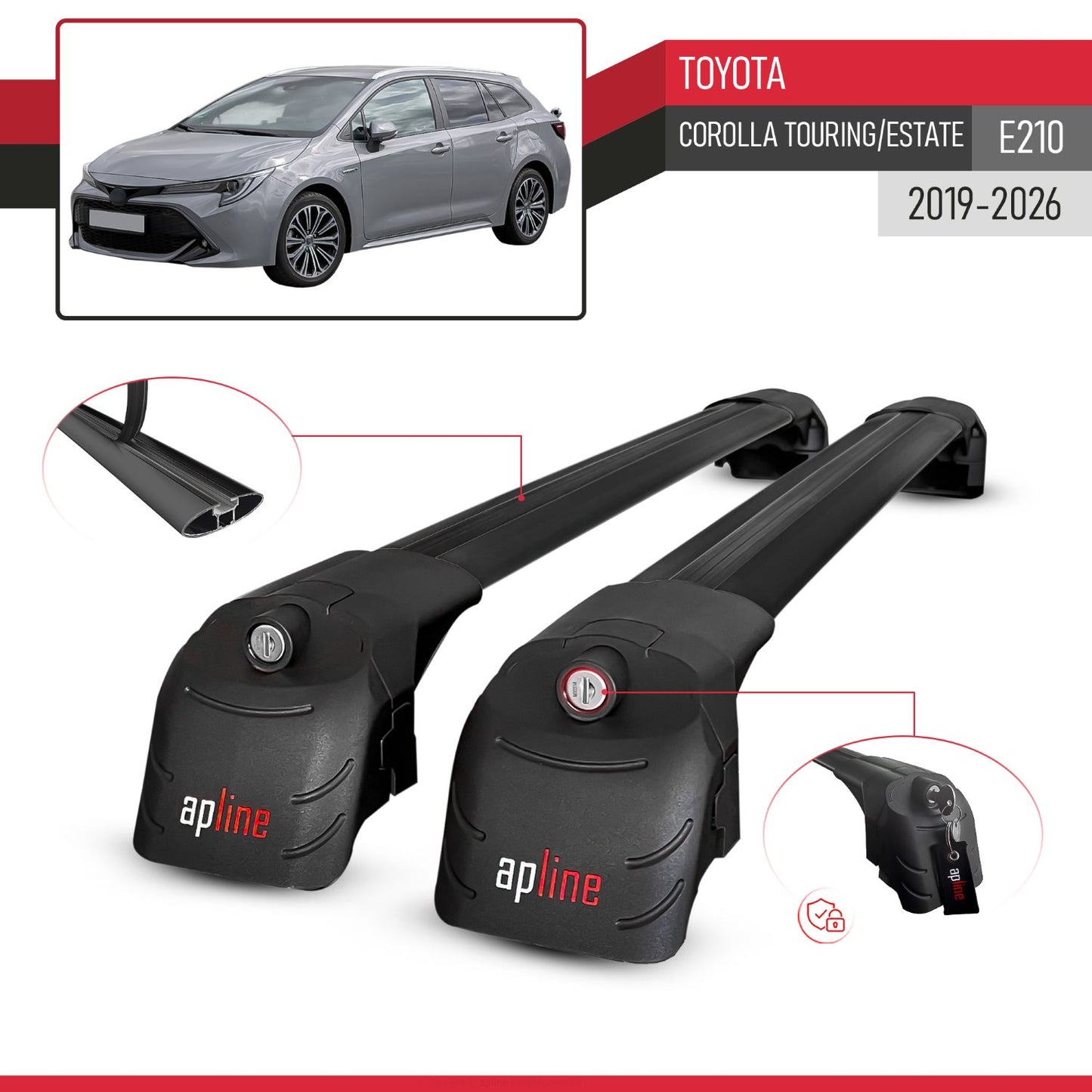 Compatible avec Toyota Corolla Touring/Estate (E210) 2019-2026 ACE-2 modèle Barres de Toit Railing Porte-Bagages de Voiture Noir Aluminium Barres