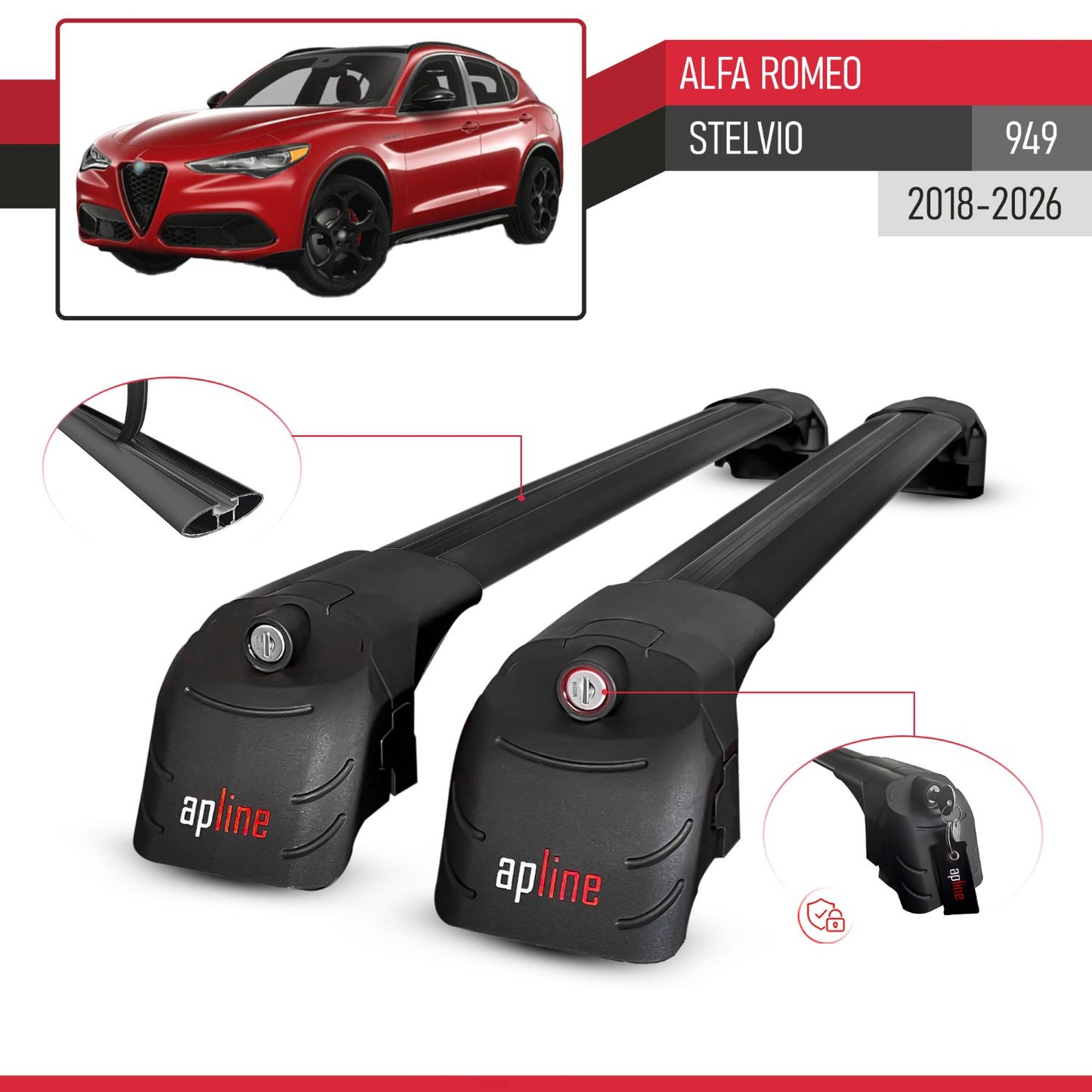 Compatible avec Alfa Romeo Stelvio (949) 2018-2026 ACE-2 modèle Barres de Toit Railing Porte-Bagages de Voiture Noir Aluminium Barres