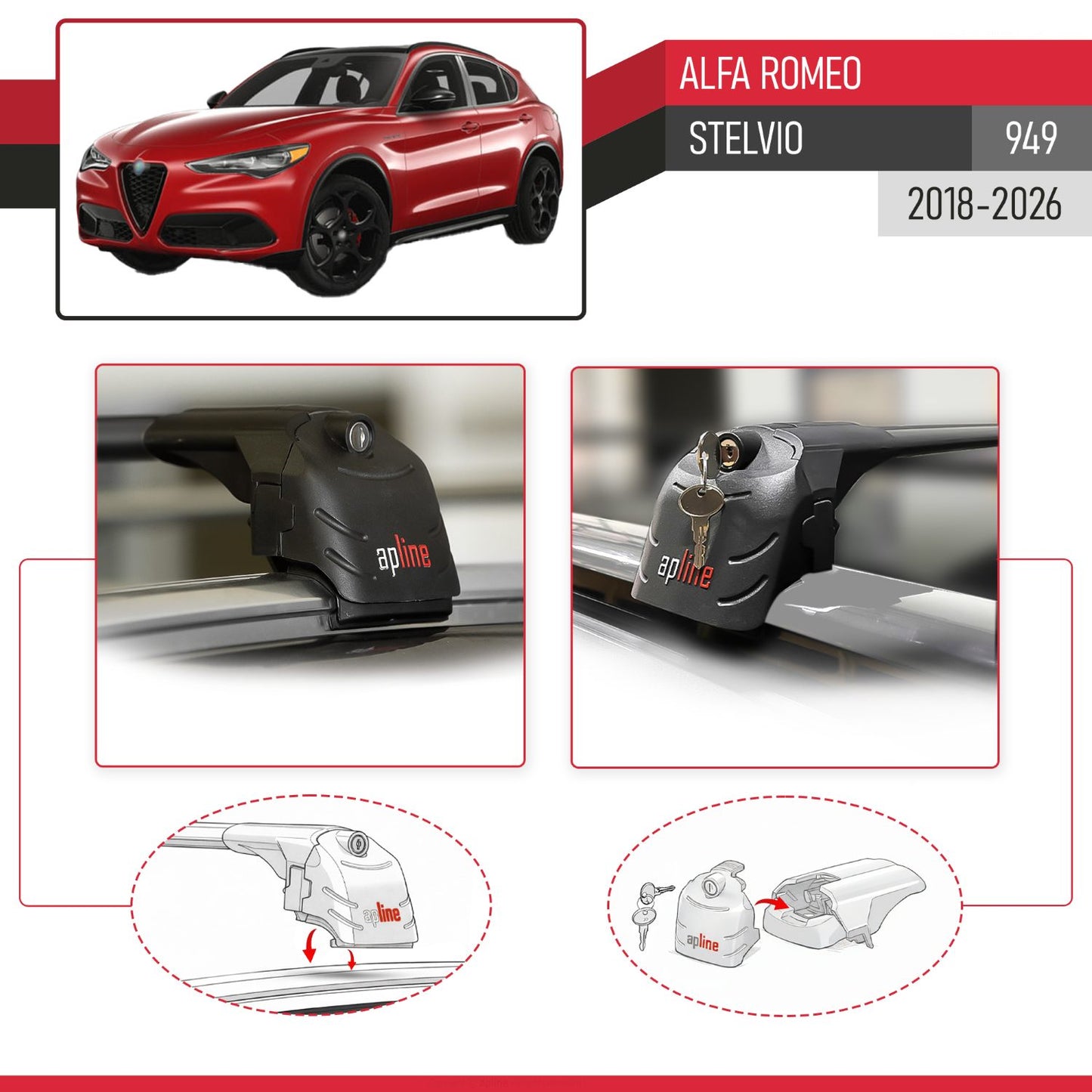 Compatible avec Alfa Romeo Stelvio (949) 2018-2026 ACE-2 modèle Barres de Toit Railing Porte-Bagages de Voiture Noir Aluminium Barres