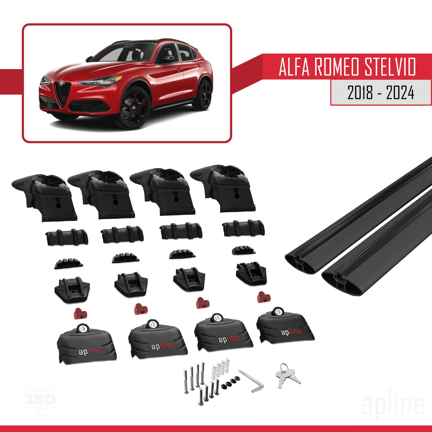 Compatible avec Alfa Romeo Stelvio 2018-2024 ACE-2 Barres de Toit Railing Porte-Bagages de Voiture Noir Aluminium 2 Barres