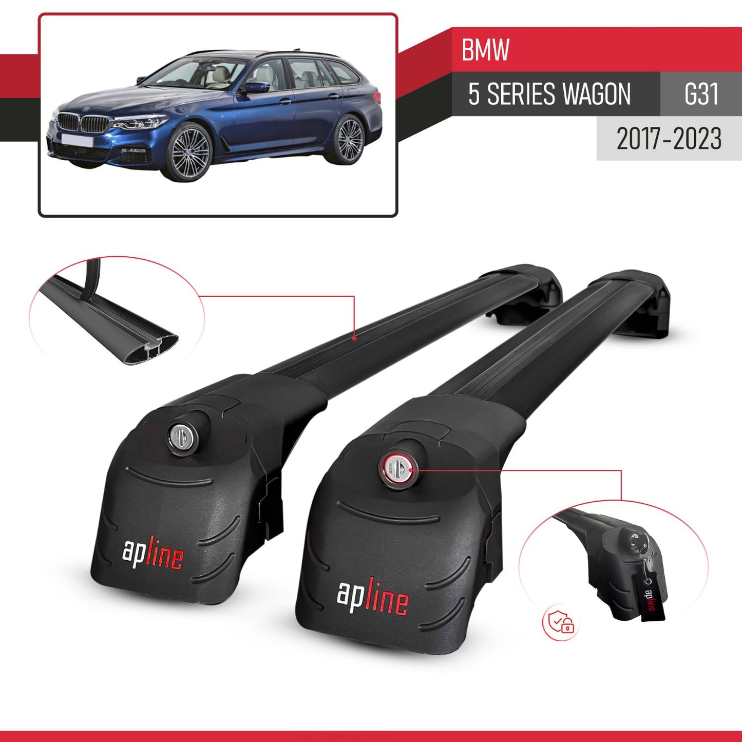 Compatible avec BMW 5 Series (G31) Wagon 2017-2023 ACE-2 modèle Barres de Toit Railing Porte-Bagages de Voiture Noir Aluminium Barres