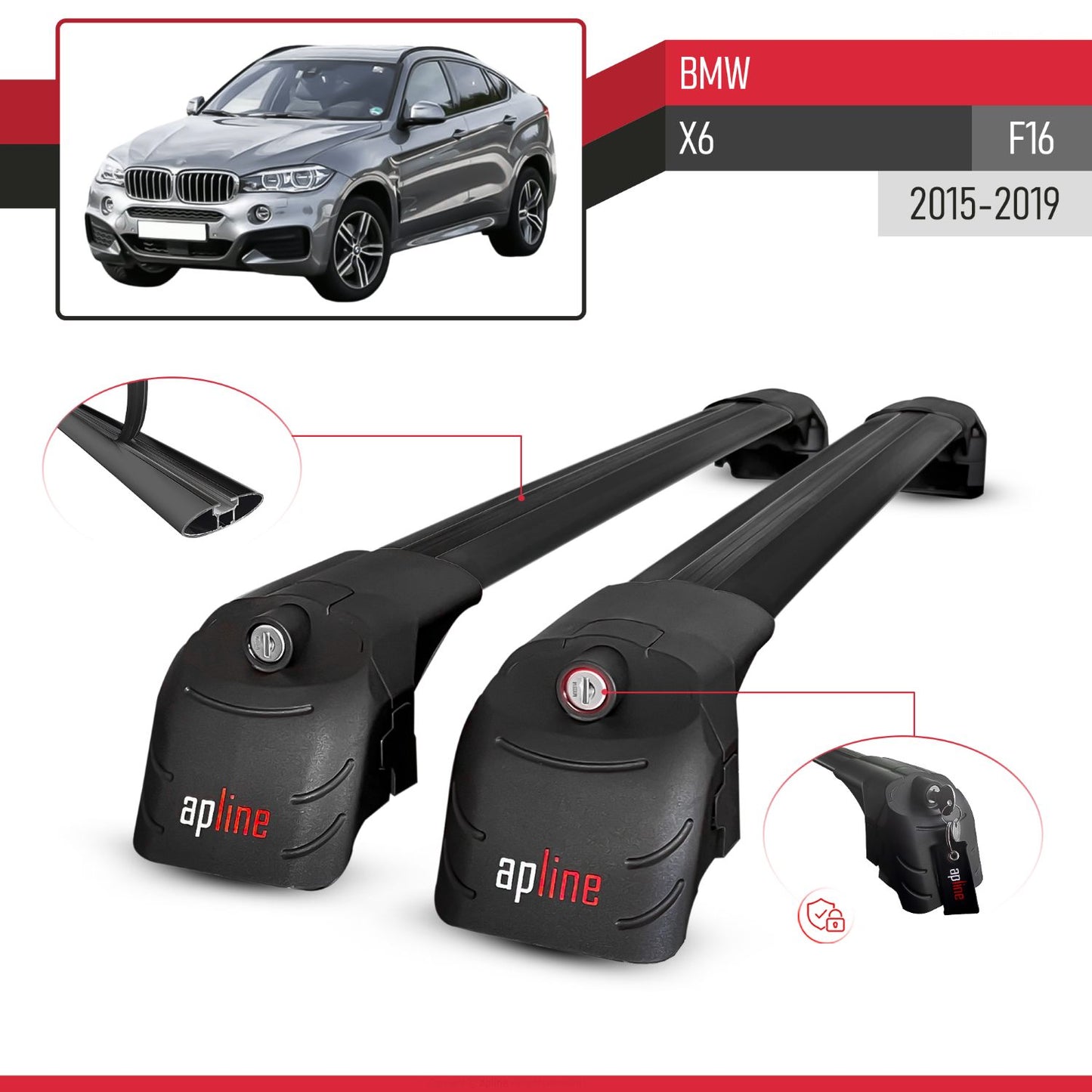 Compatible with BMW X6 (F16) 2015-2019 ACE-2 Car Roof Rack Cross Bar Black Aluminium 2 Bars