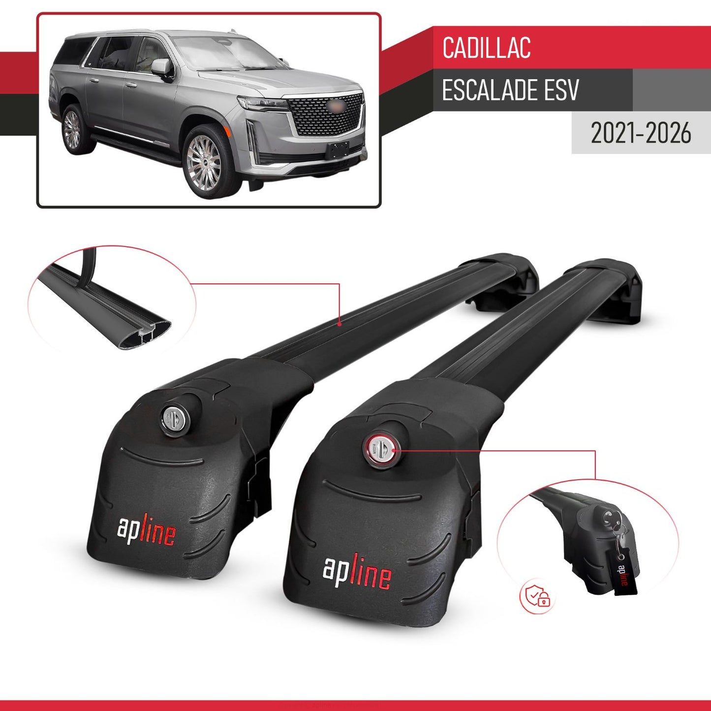 Compatible avec Cadillac Escalade ESV 2021-2026 ACE-2 modèle Barres de Toit Railing Porte-Bagages de Voiture Noir Aluminium Barres