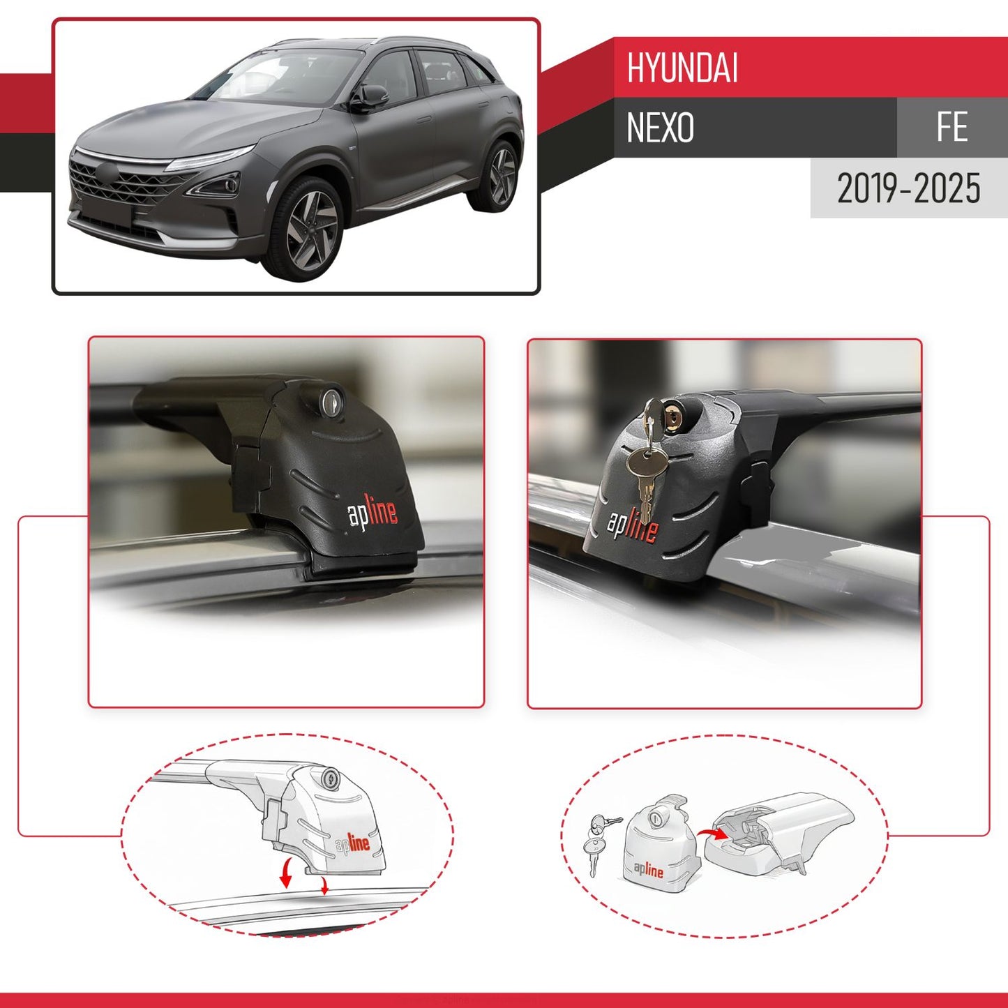 Compatible with Hyundai Nexo 2019-2023 ACE-2 Car Roof Rack Cross Bar Black Aluminium 2 Bars
