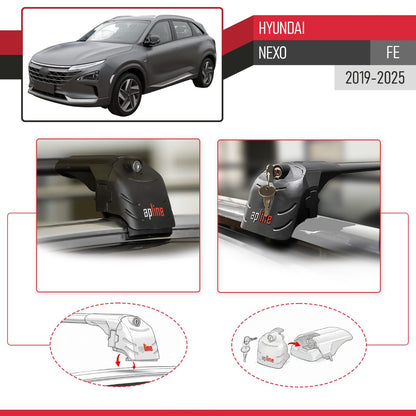 Compatible with Hyundai Nexo 2019-2023 ACE-2 Car Roof Rack Cross Bar Black Aluminium 2 Bars