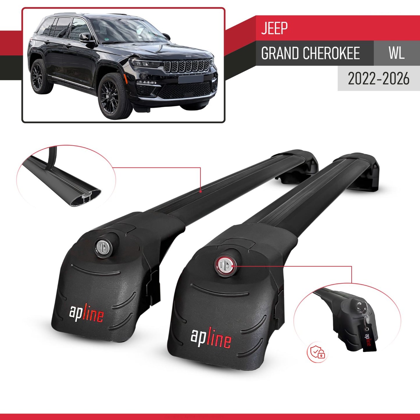 Compatible with Jeep Grand Cherokee 2022-2024 ACE-2 Car Roof Rack Cross Bar Black Aluminium 2 Bars